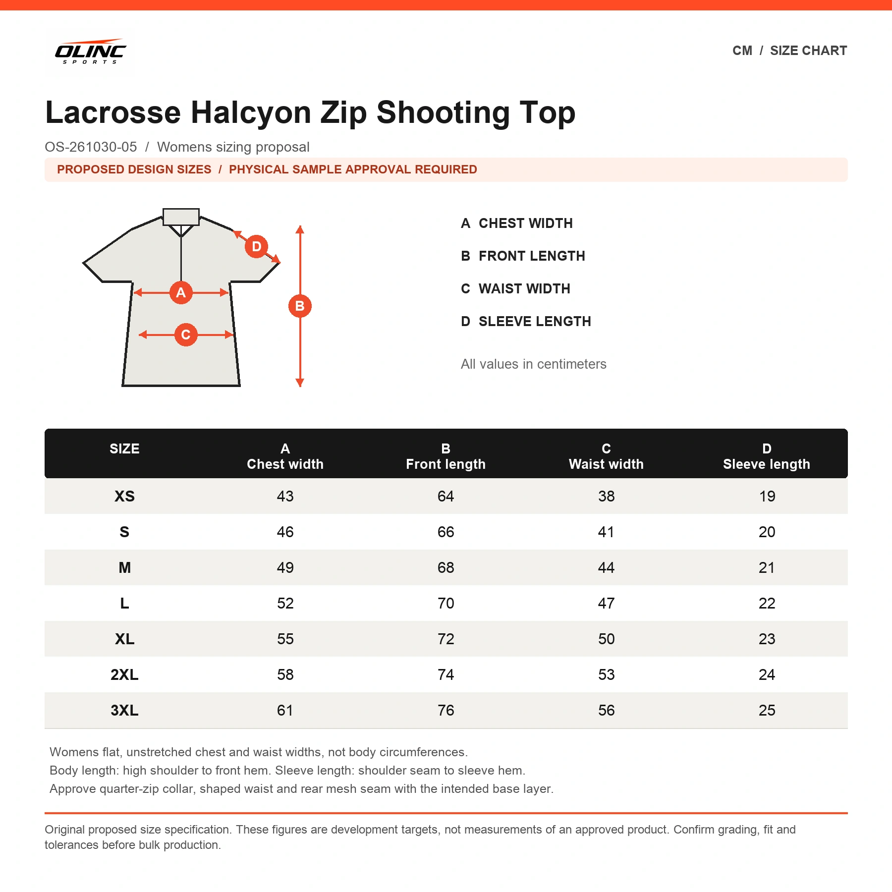Lacrosse Halcyon Zip Shooting Top original proposed numeric chart in cm with labeled measurement diagram and physical sample approval note