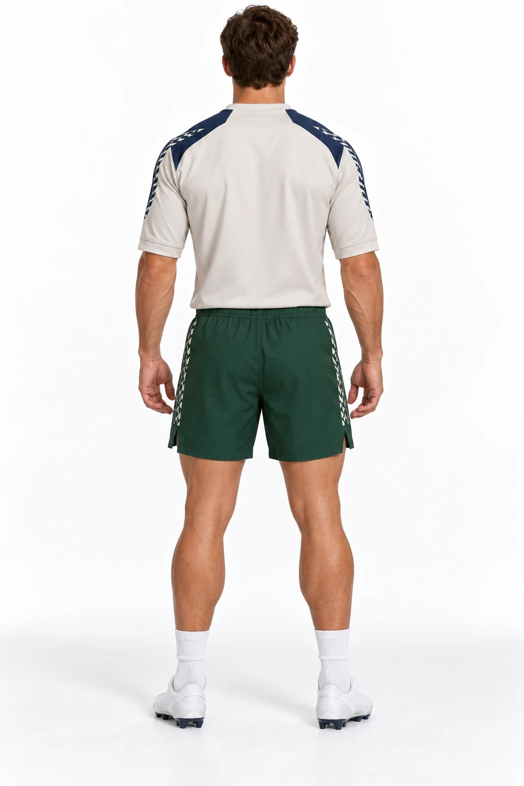 Rugby Ravel Training Set back design visualization showing pale stone shirt, midnight blue yoke and forest green shorts