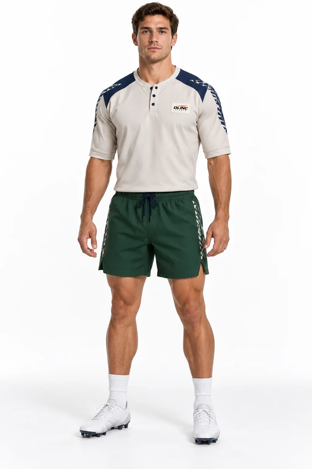 Rugby Ravel Training Set front design visualization showing pale stone shirt, midnight blue yoke and forest green shorts