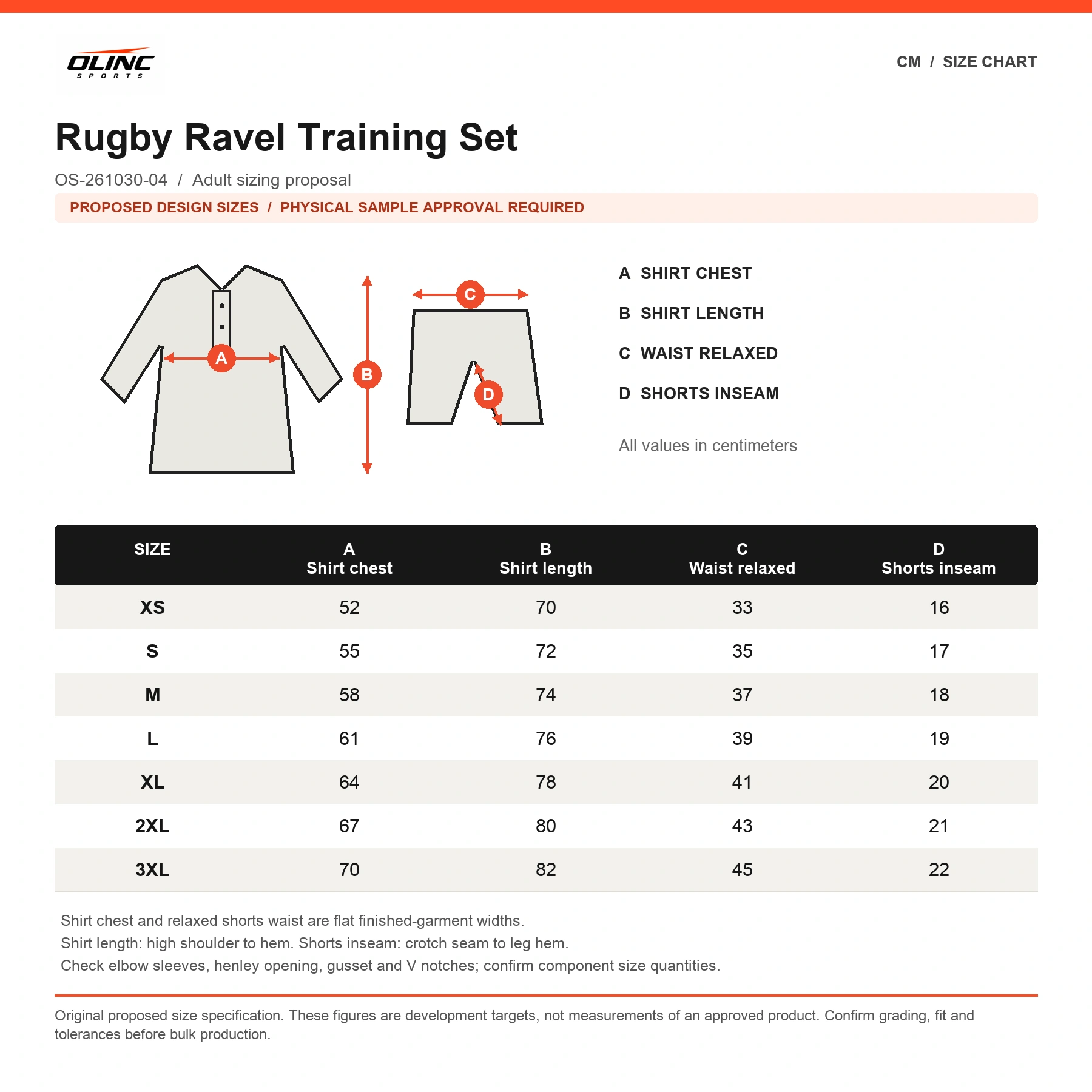 Rugby Ravel Training Set original proposed numeric chart in cm with labeled measurement diagram and physical sample approval note