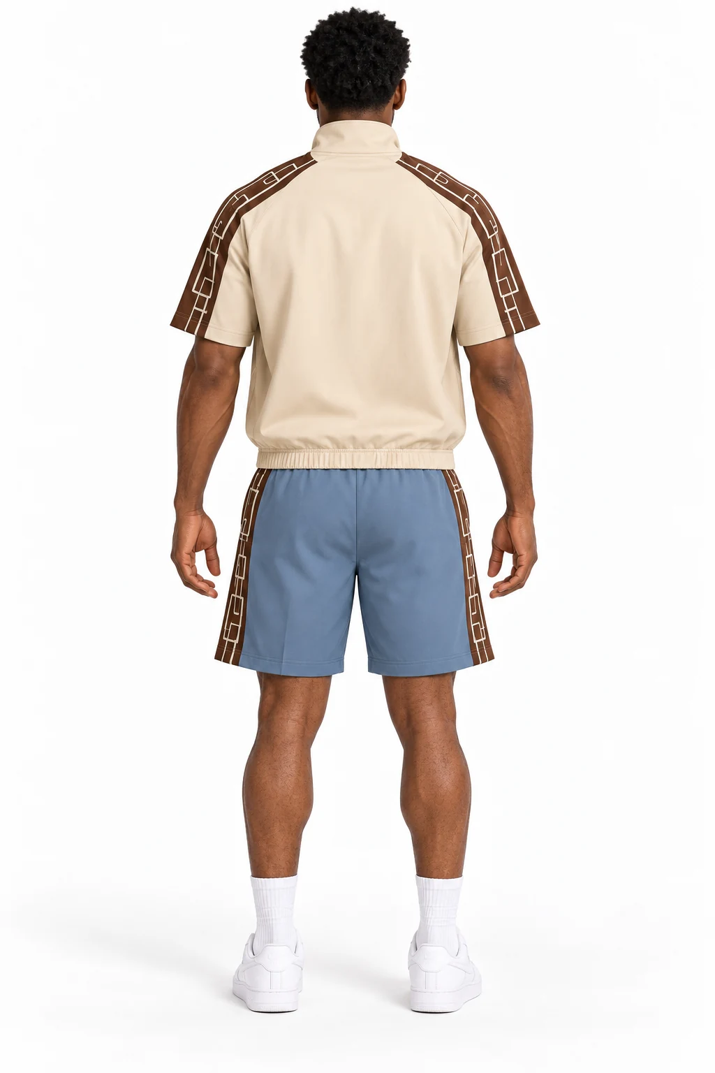 Tracksuit Overpass Short Set back design visualization showing pale sand top, deep umber shoulder panels and dusty blue shorts