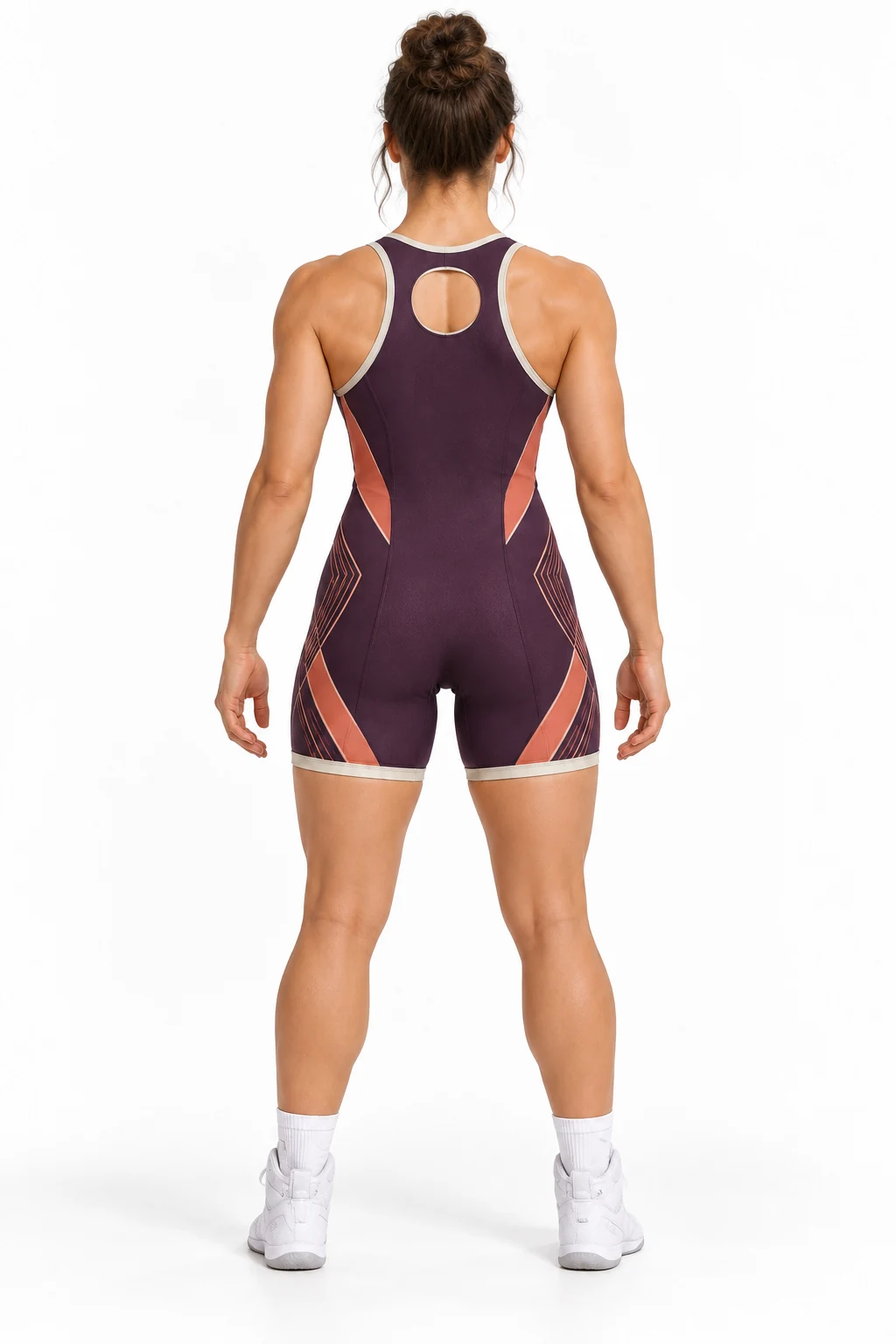 Wrestling Tessera High-Neck Singlet back design visualization showing deep plum body, muted copper diagonal panels and pale stone binding
