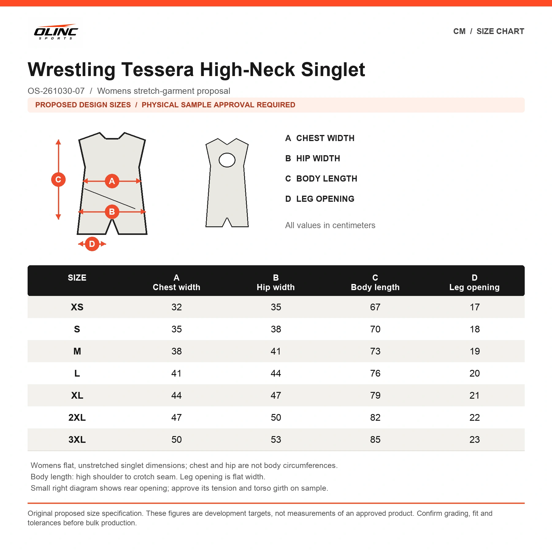 Wrestling Tessera High-Neck Singlet original proposed numeric chart in cm with labeled measurement diagram and physical sample approval note