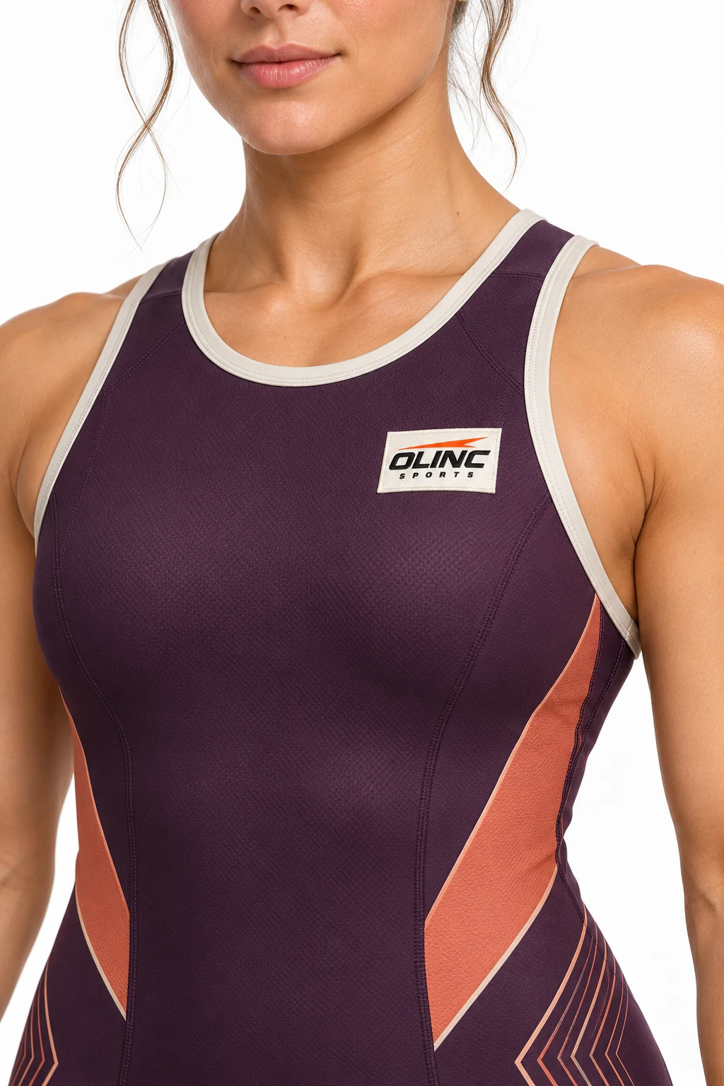 Wrestling Tessera High-Neck Singlet zoom design visualization showing deep plum body, muted copper diagonal panels and pale stone binding