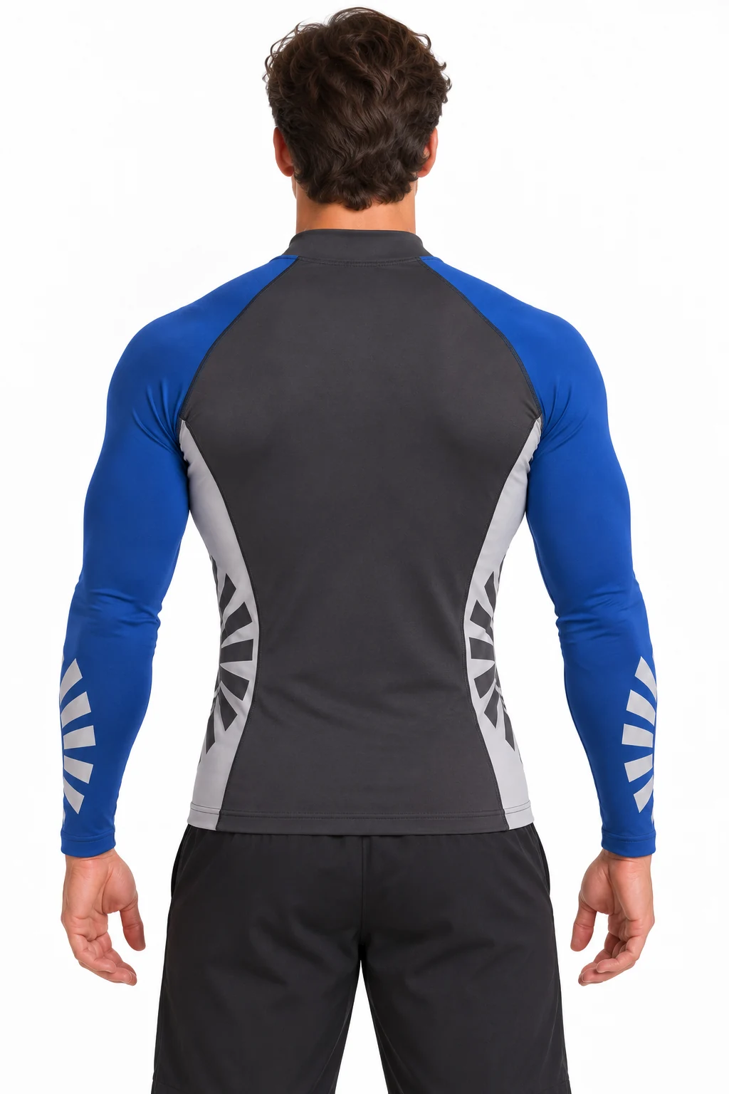 American Football Axial Training Layer back design visualization of charcoal body, muted cobalt sleeves and pale gray side panels