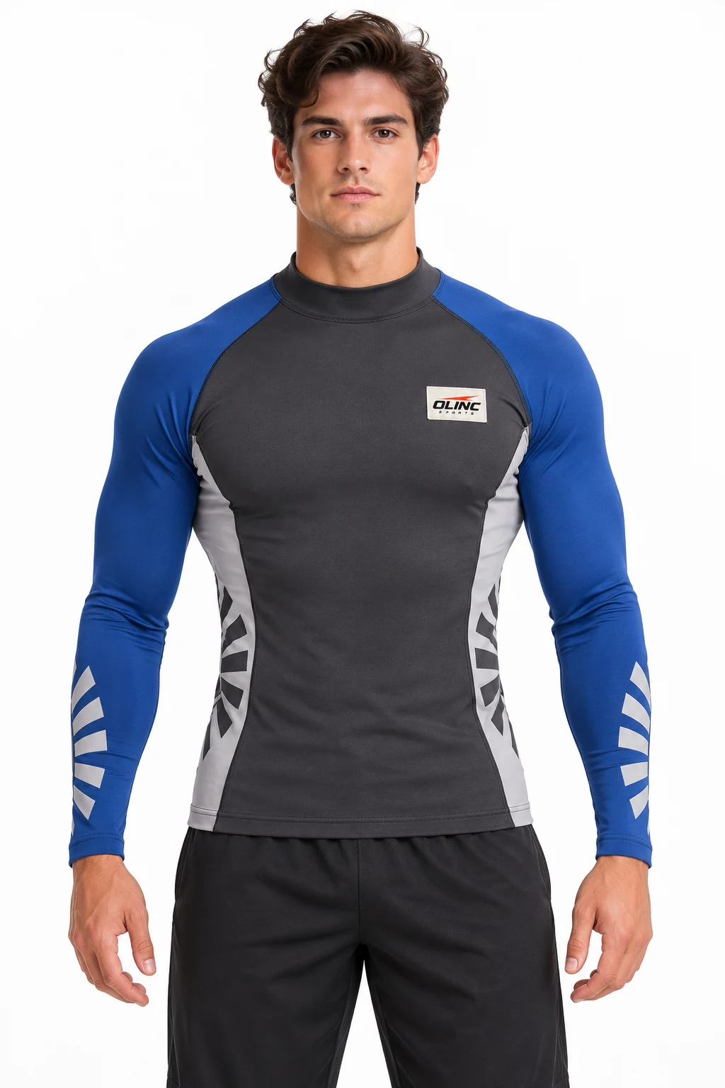 American Football Axial Training Layer front design visualization of charcoal body, muted cobalt sleeves and pale gray side panels