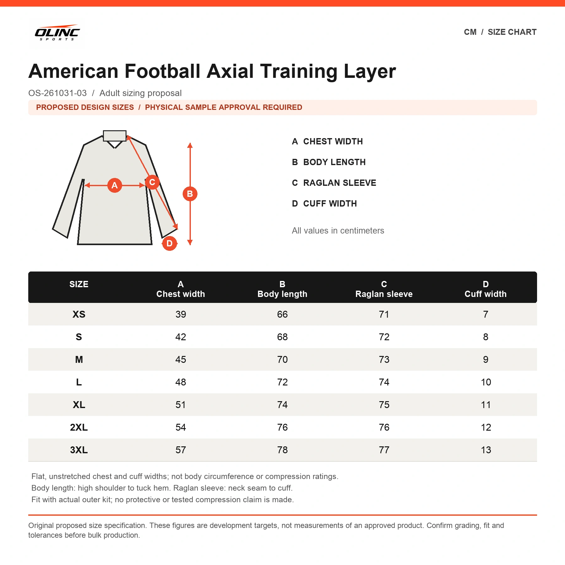 American Football Axial Training Layer original proposed numeric size chart in centimeters with technical illustration and sample approval note