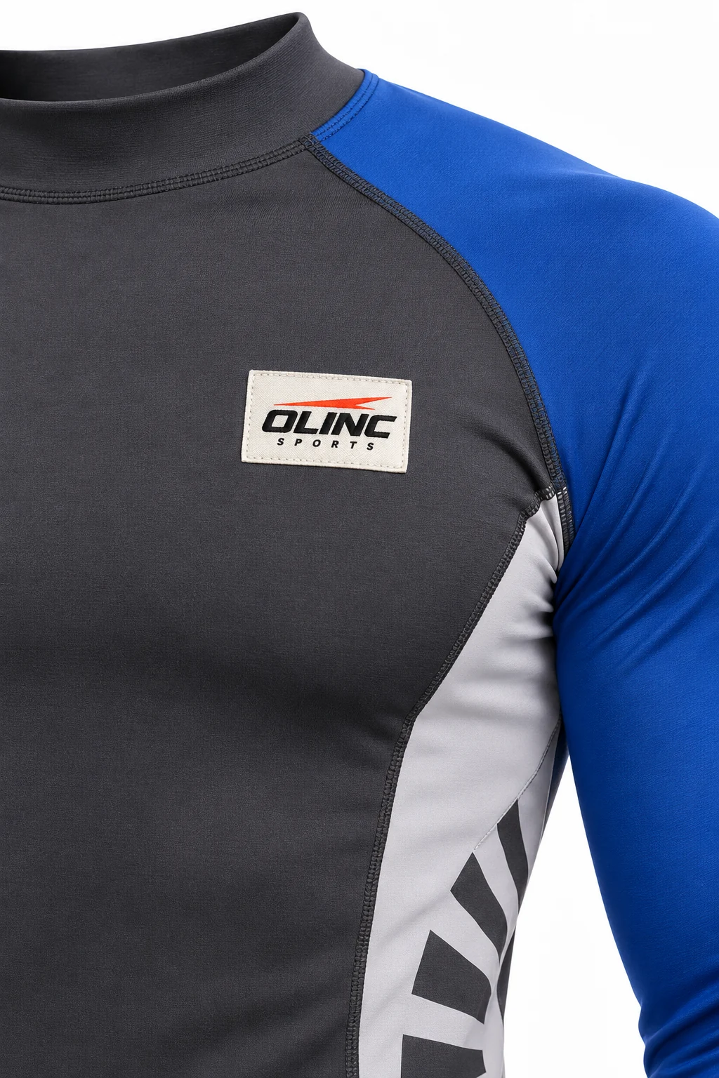 American Football Axial Training Layer zoom design visualization of charcoal body, muted cobalt sleeves and pale gray side panels
