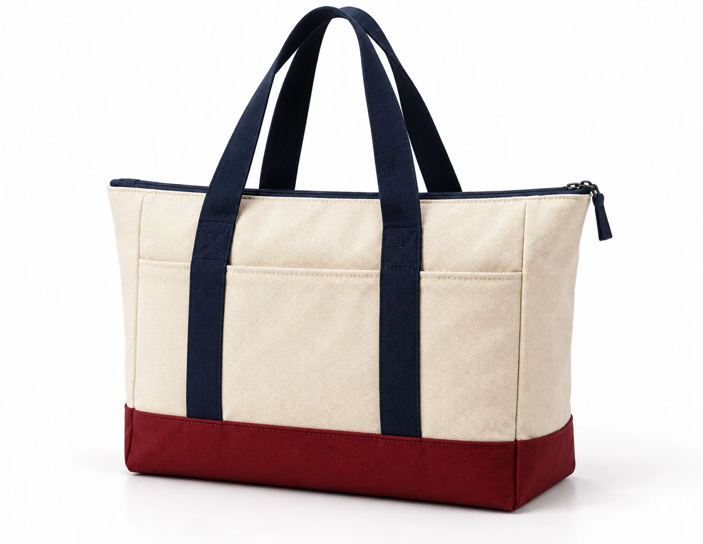 Bag Archive Zip Team Tote back design visualization of cream woven-look body, oxblood boxed base and dark navy webbing