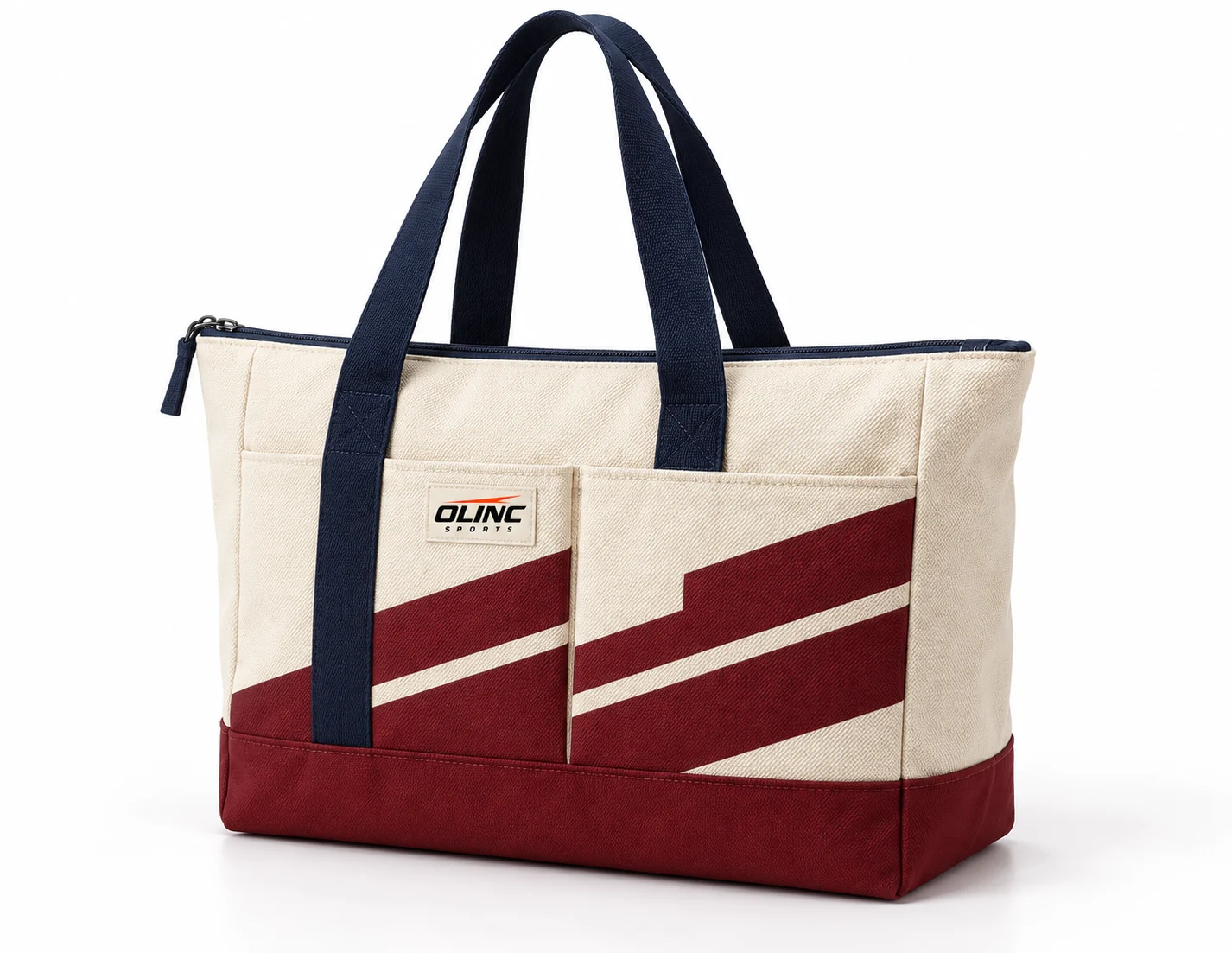 Bag Archive Zip Team Tote front design visualization of cream woven-look body, oxblood boxed base and dark navy webbing