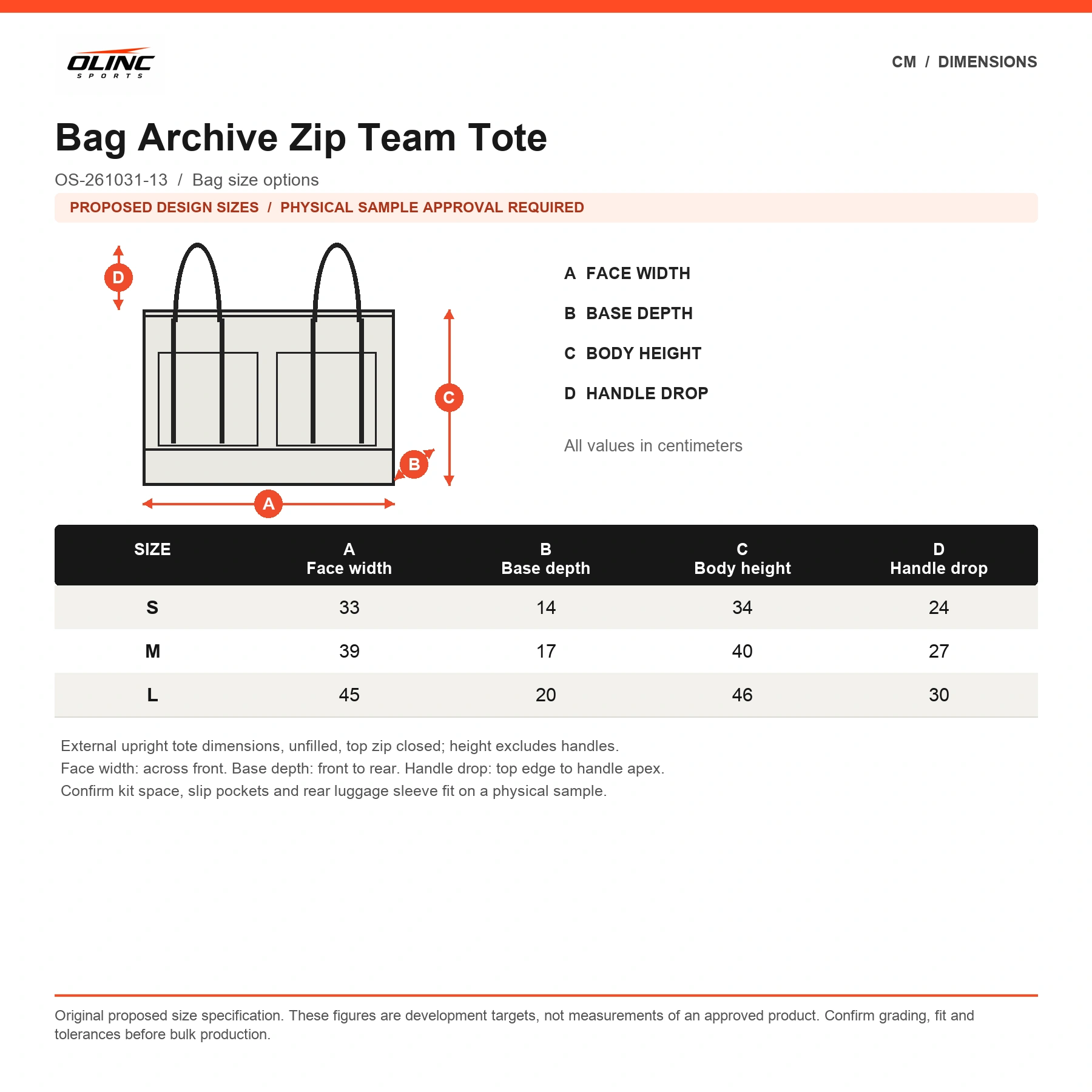 Bag Archive Zip Team Tote original proposed numeric size chart in centimeters with technical illustration and sample approval note