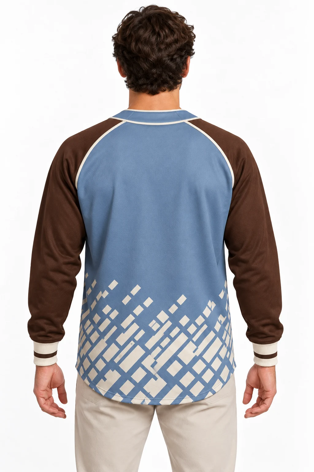 Baseball Infield Long-Snap Jersey back design visualization of dusty blue body, deep brown sleeves and warm ivory trim