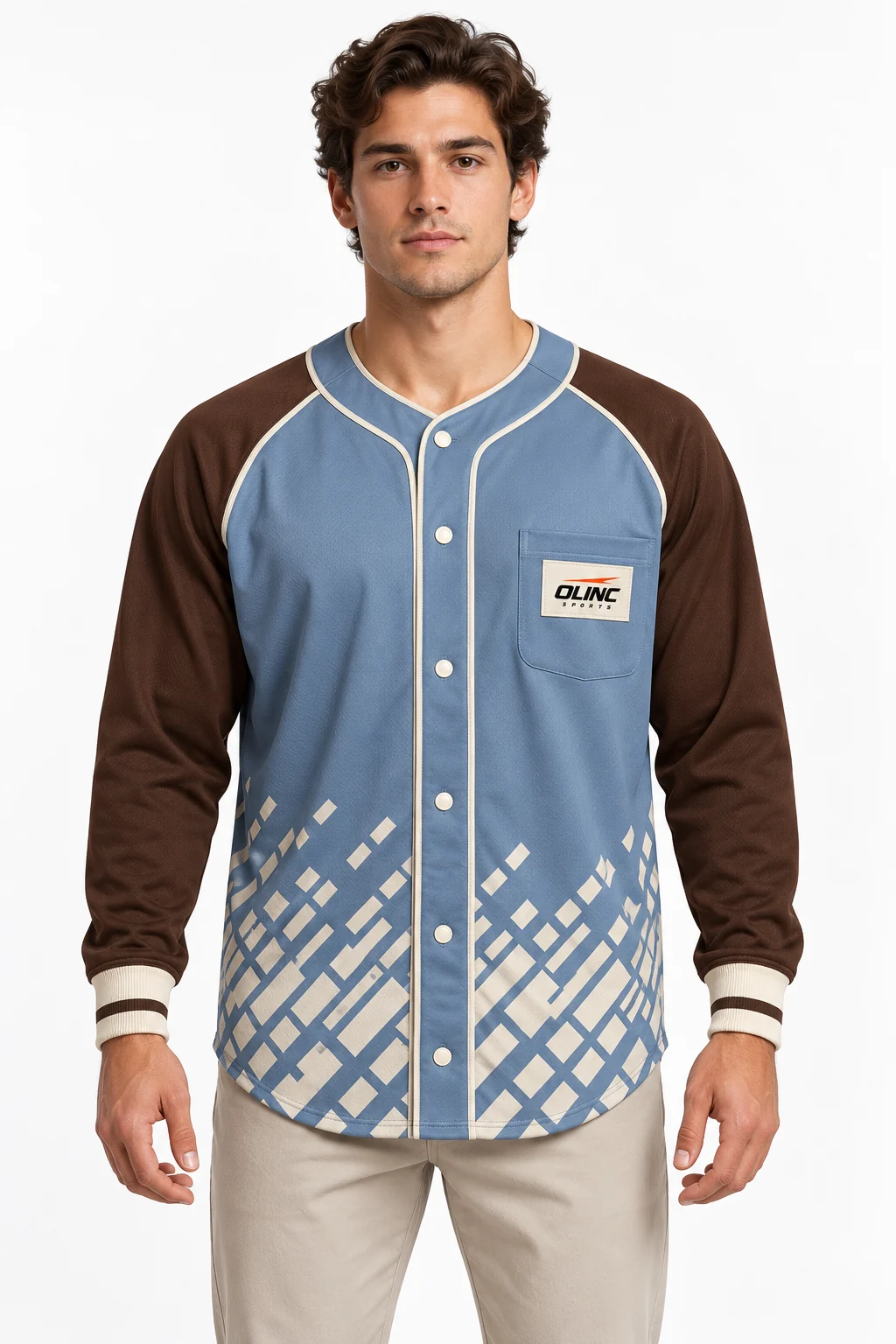 Baseball Infield Long-Snap Jersey front design visualization of dusty blue body, deep brown sleeves and warm ivory trim