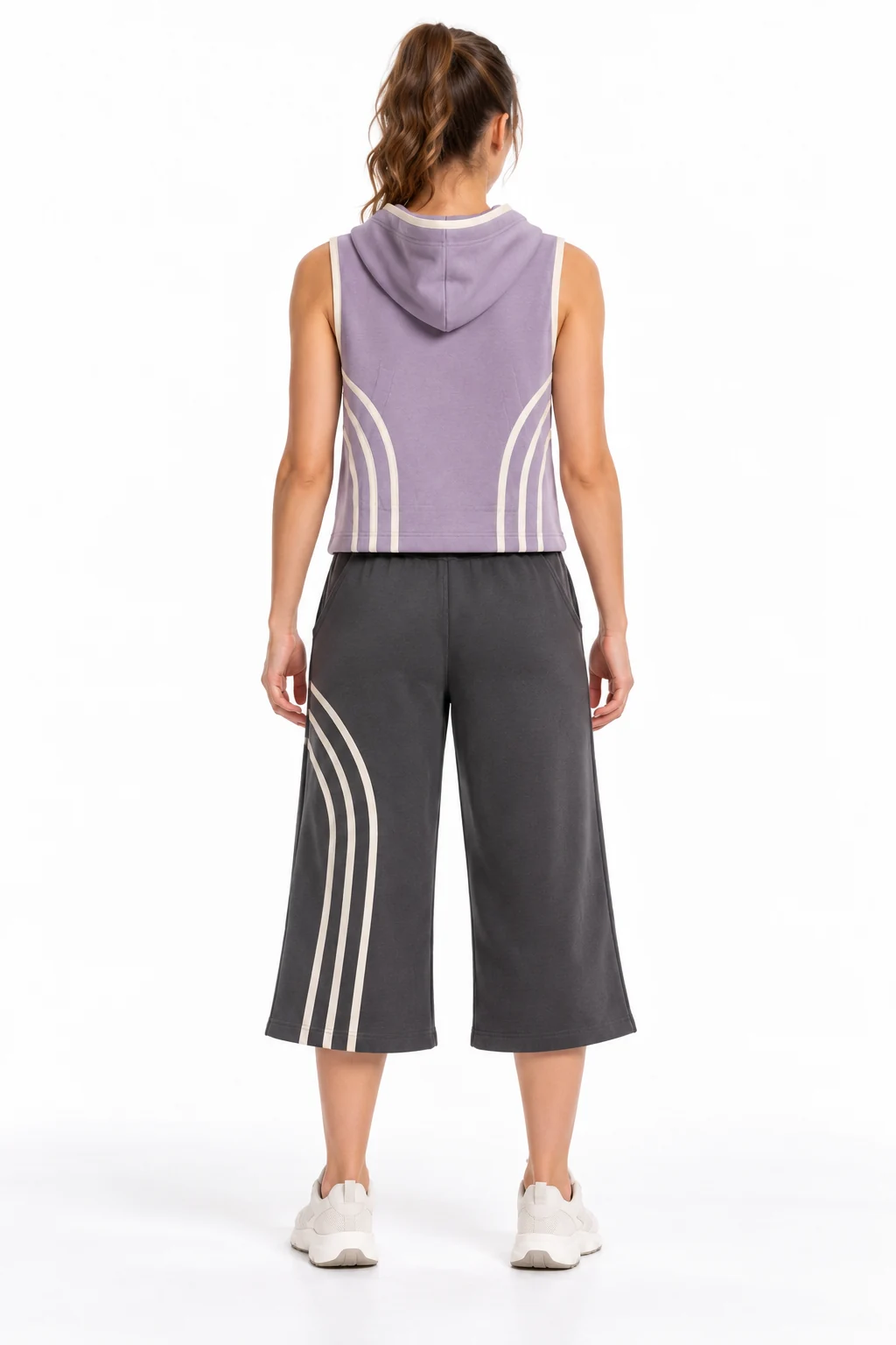 Basketball Atrium Hooded Capri Set back design visualization of muted lilac top, graphite capri trousers and cream binding