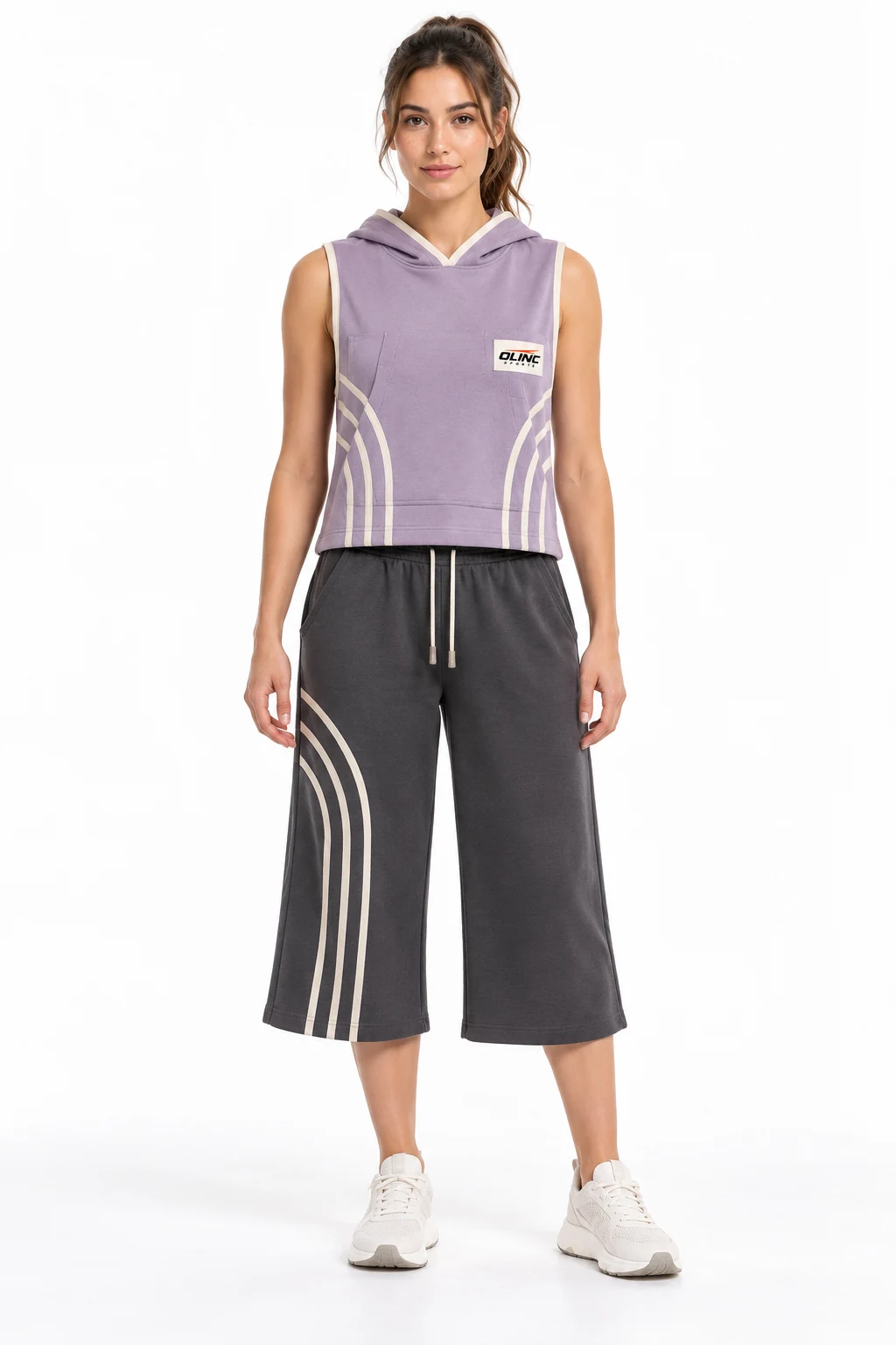 Basketball Atrium Hooded Capri Set front design visualization of muted lilac top, graphite capri trousers and cream binding