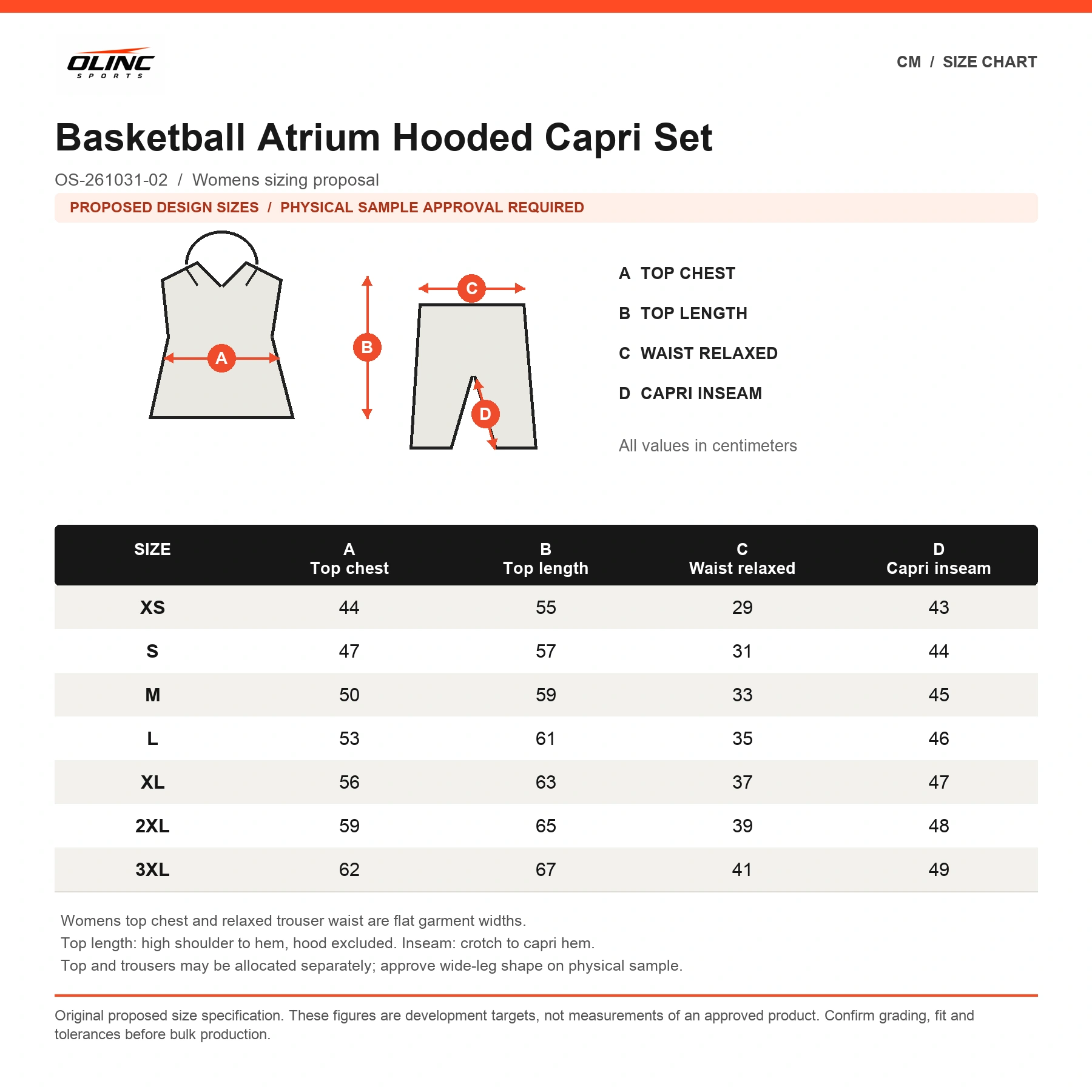 Basketball Atrium Hooded Capri Set original proposed numeric size chart in centimeters with technical illustration and sample approval note