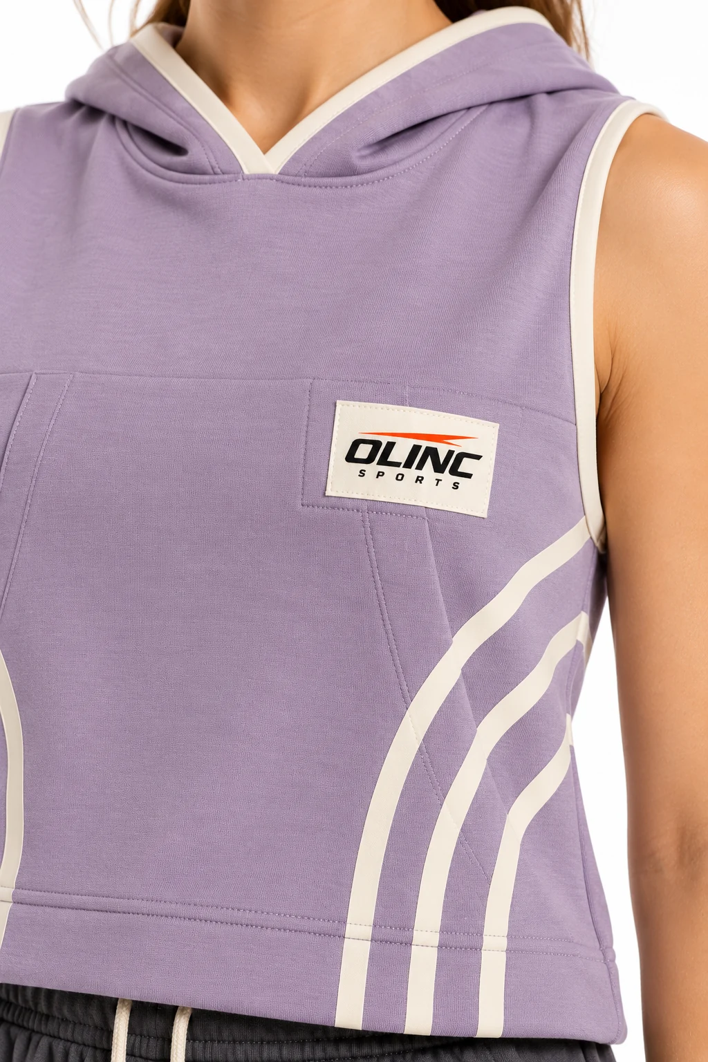 Basketball Atrium Hooded Capri Set zoom design visualization of muted lilac top, graphite capri trousers and cream binding