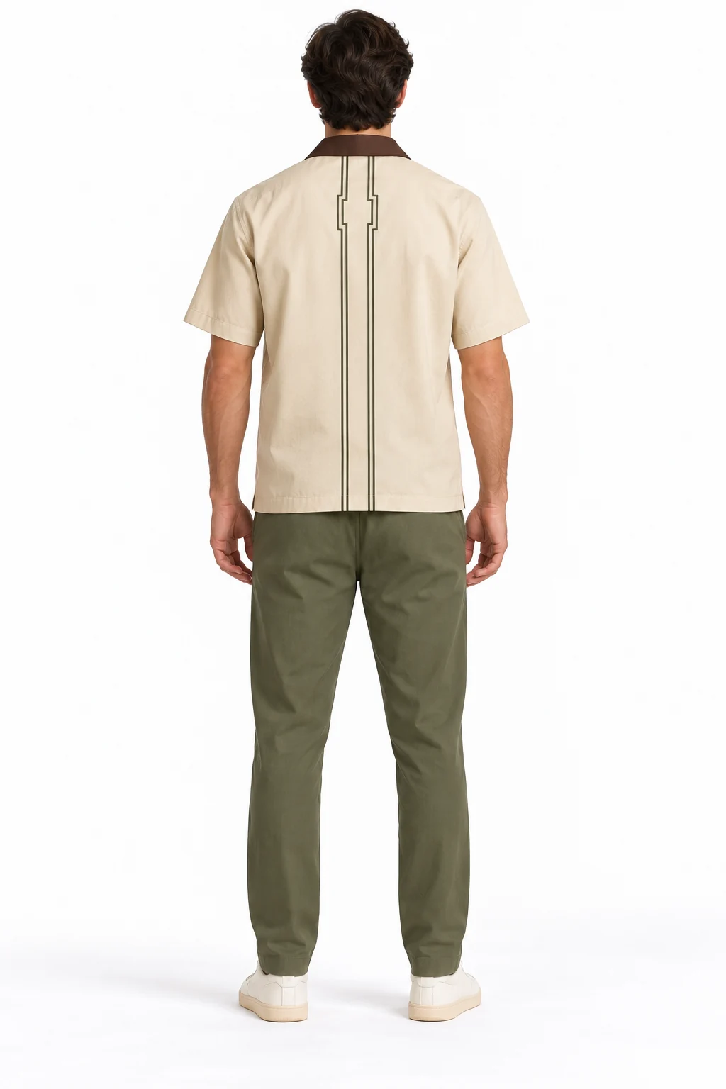 Cricket Pavilionwalk Travel Set back design visualization of pale sand shirt, muted olive trousers and dark brown collar facing