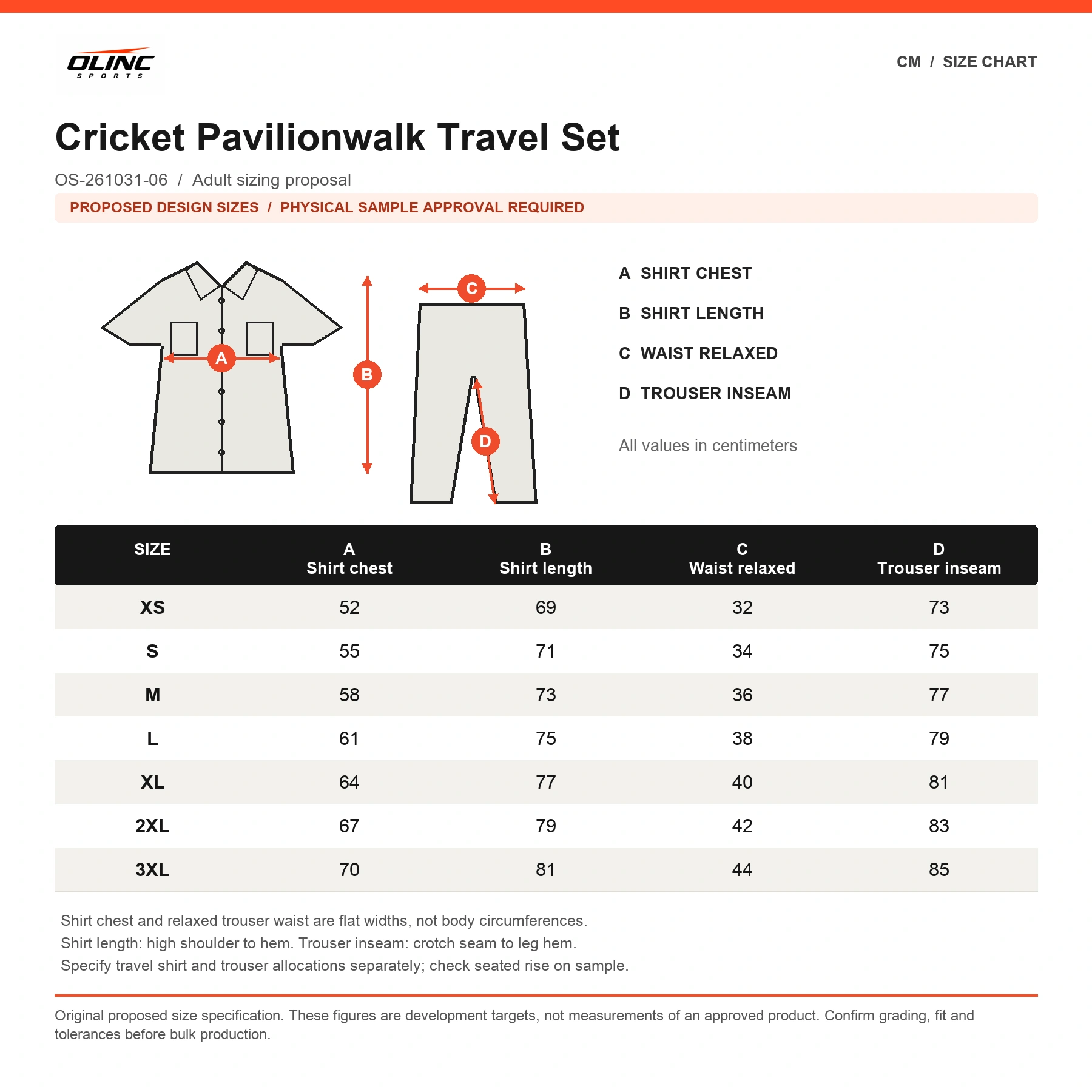 Cricket Pavilionwalk Travel Set original proposed numeric size chart in centimeters with technical illustration and sample approval note