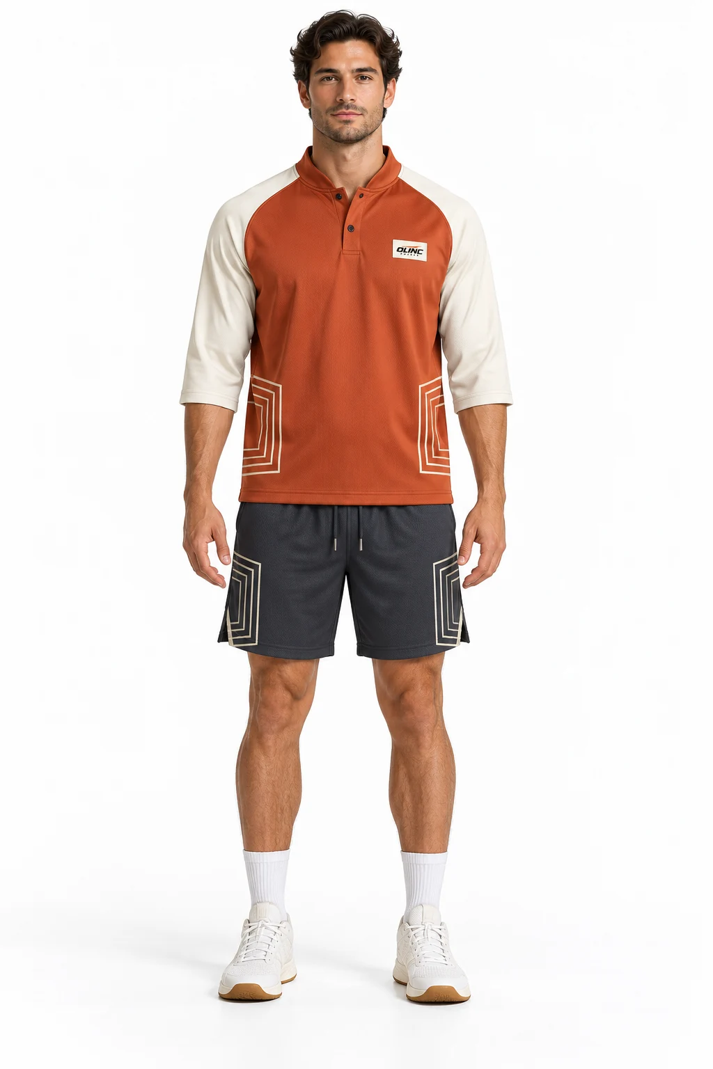 Handball Switchcourt Snap Warmup front design visualization of rust top, cream three-quarter sleeves and charcoal shorts