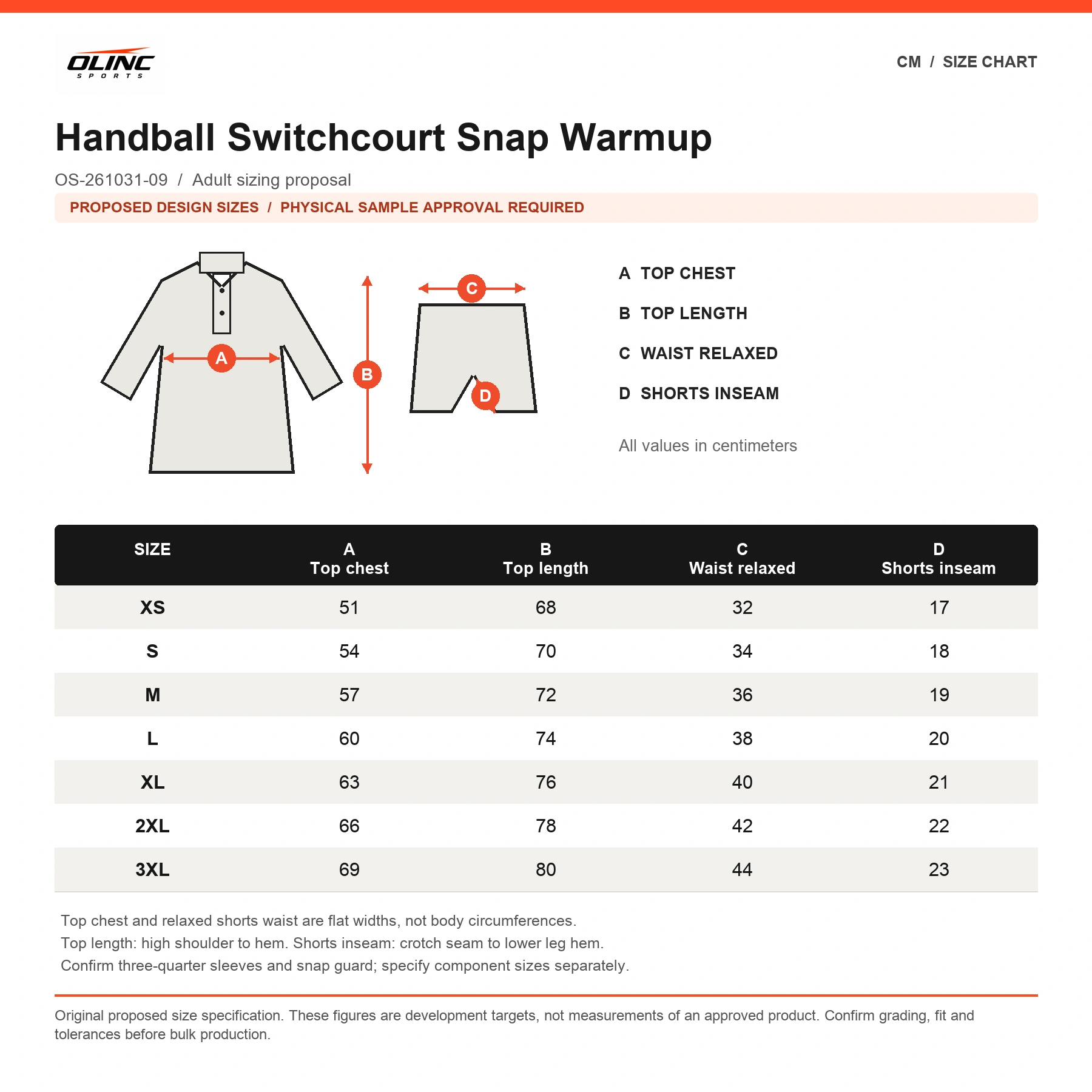 Handball Switchcourt Snap Warmup original proposed numeric size chart in centimeters with technical illustration and sample approval note