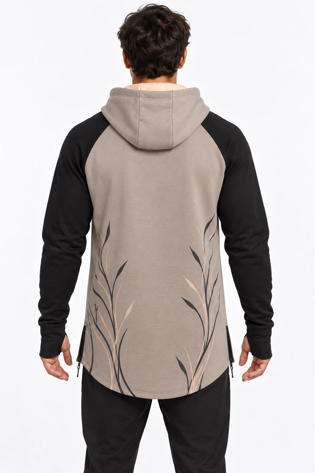 Hoodie Promenade Longline Pullover back design visualization of mushroom body, black raglan sleeves and pale apricot hood lining