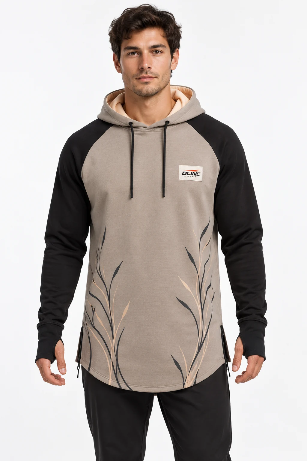 Hoodie Promenade Longline Pullover front design visualization of mushroom body, black raglan sleeves and pale apricot hood lining