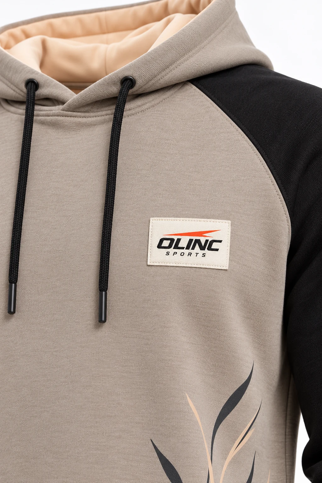 Hoodie Promenade Longline Pullover zoom design visualization of mushroom body, black raglan sleeves and pale apricot hood lining