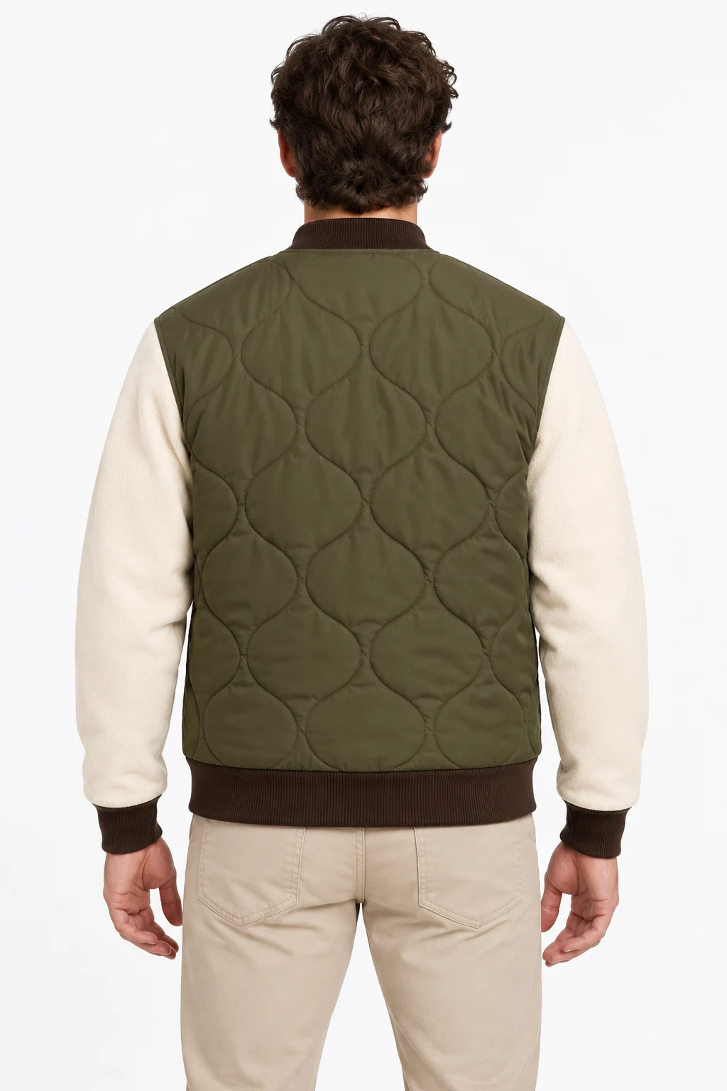 Jacket Orchard Hybrid Snap Bomber back design visualization of olive quilted body, cream knit sleeves and dark espresso rib trims