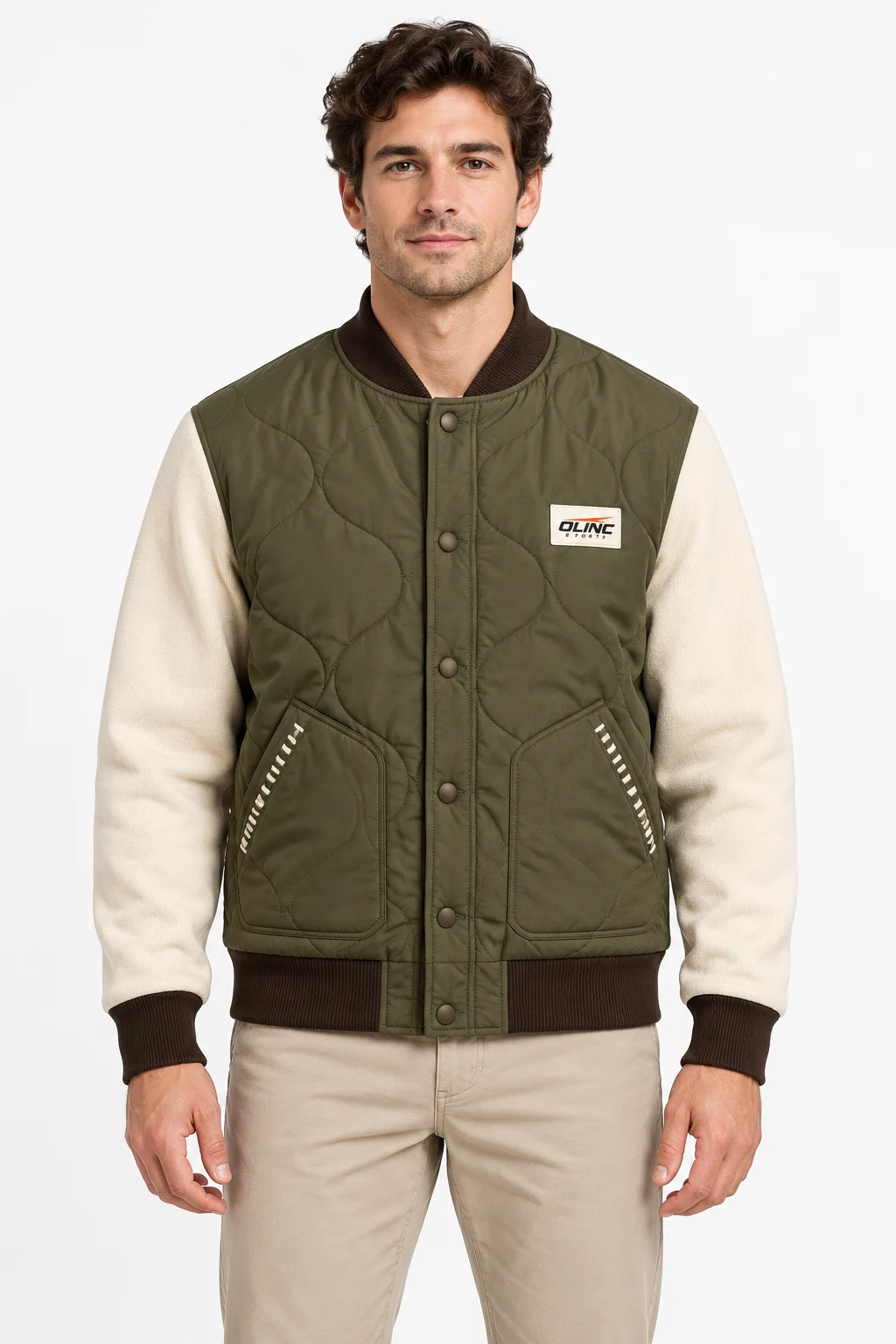 Jacket Orchard Hybrid Snap Bomber front design visualization of olive quilted body, cream knit sleeves and dark espresso rib trims