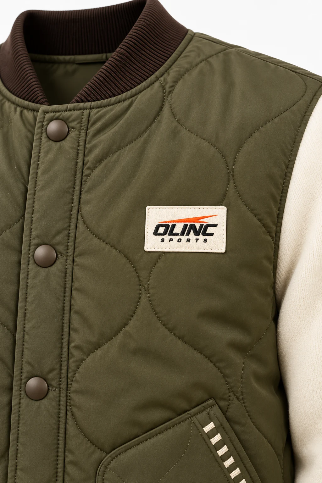 Jacket Orchard Hybrid Snap Bomber zoom design visualization of olive quilted body, cream knit sleeves and dark espresso rib trims