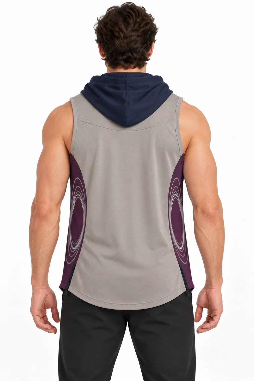 Esports Parallax Hooded Tank back design visualization of warm gray body, midnight navy hood and plum side panels