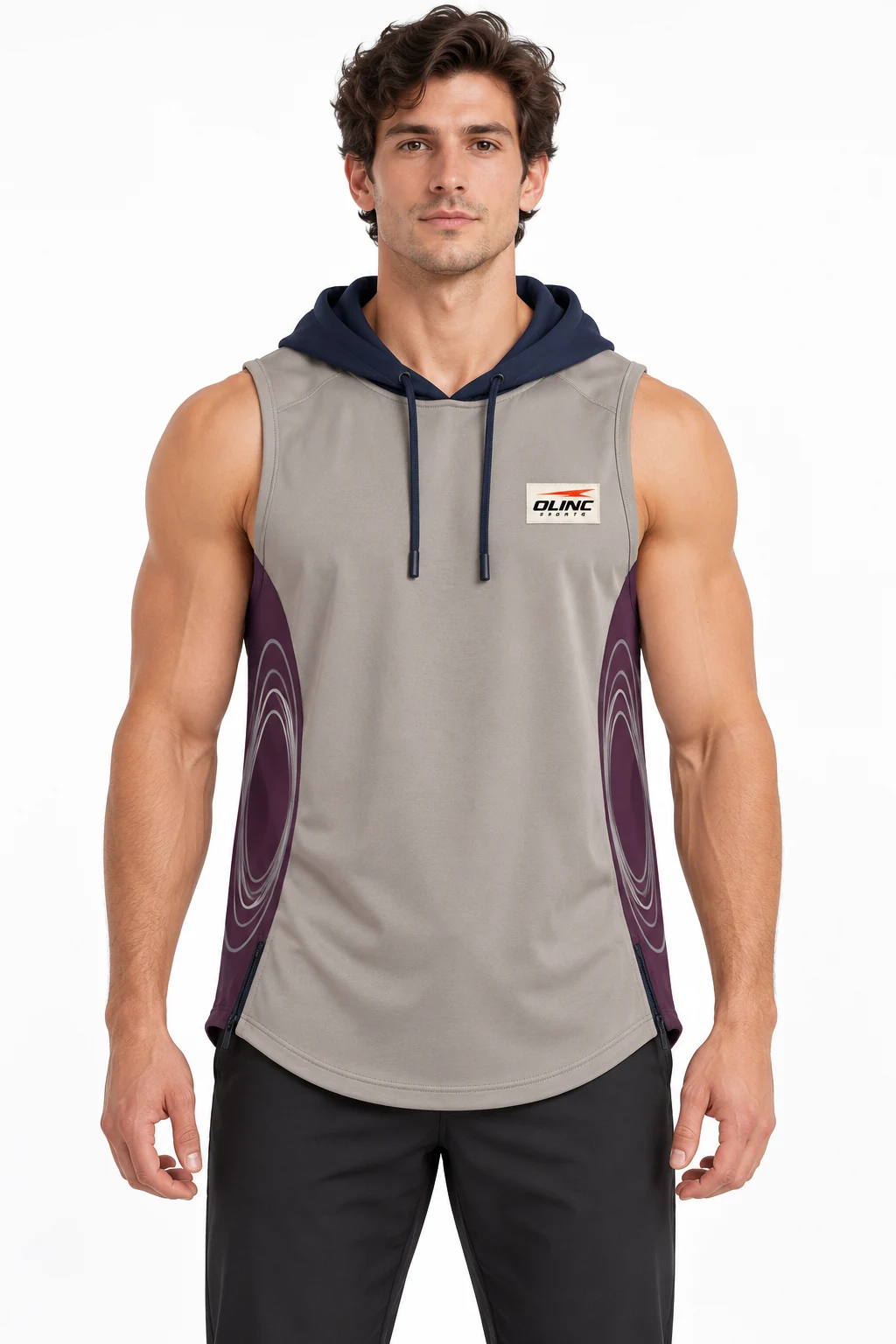 Esports Parallax Hooded Tank front design visualization of warm gray body, midnight navy hood and plum side panels