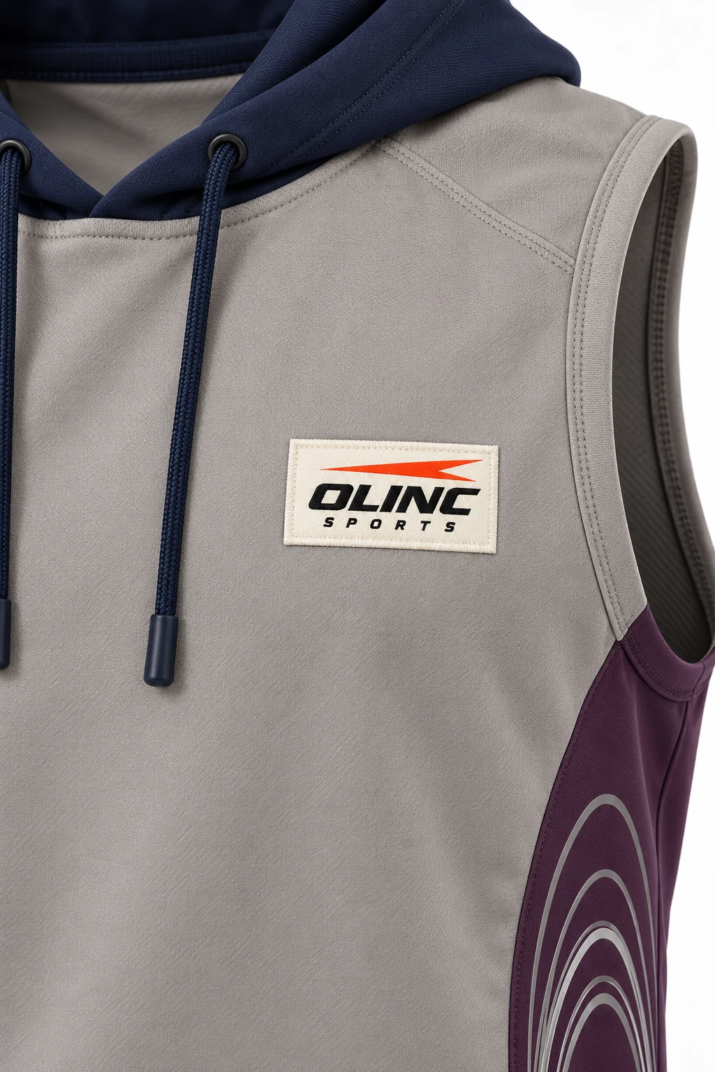 Esports Parallax Hooded Tank zoom design visualization of warm gray body, midnight navy hood and plum side panels