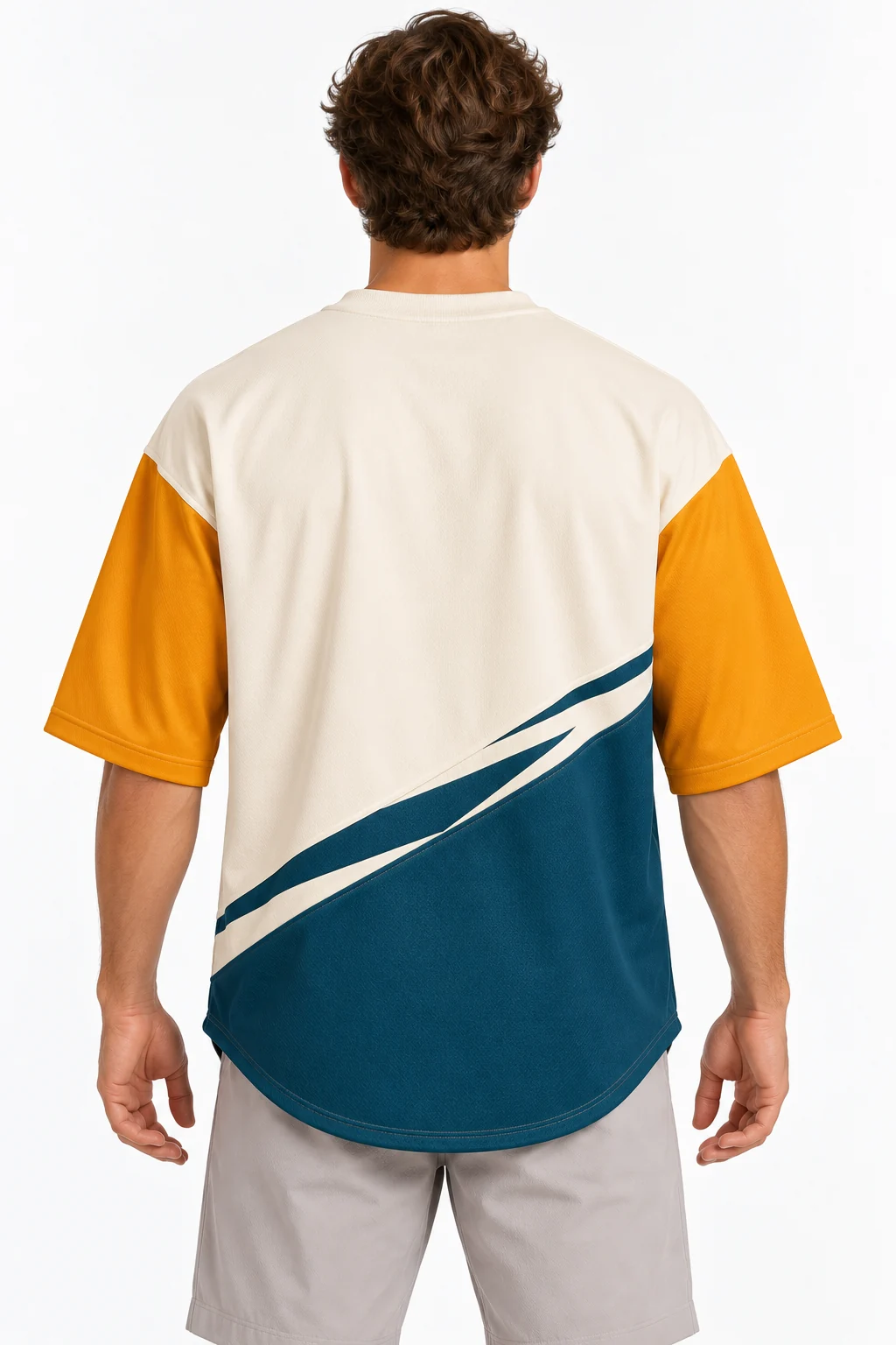Lacrosse Causeway Drop-Hem Top back design visualization of cream upper body, petrol diagonal lower panel and amber sleeves