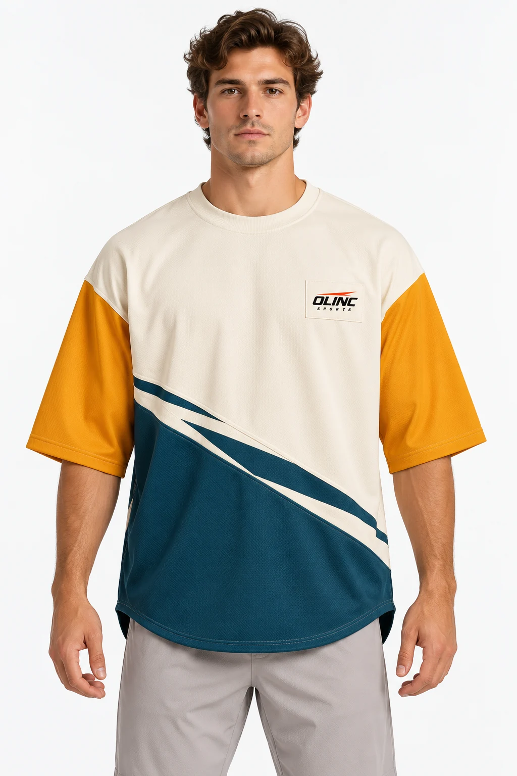 Lacrosse Causeway Drop-Hem Top front design visualization of cream upper body, petrol diagonal lower panel and amber sleeves