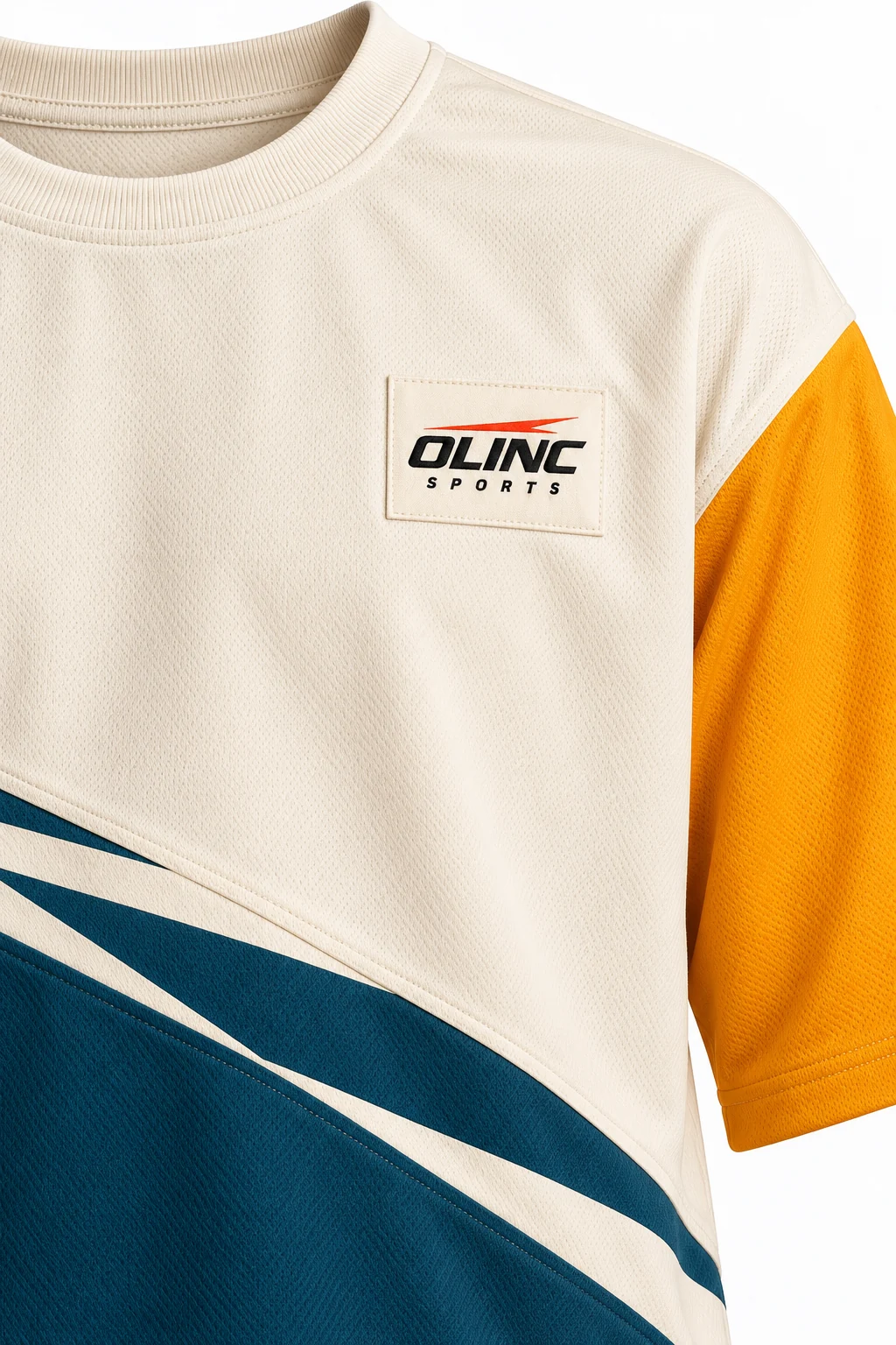 Lacrosse Causeway Drop-Hem Top zoom design visualization of cream upper body, petrol diagonal lower panel and amber sleeves