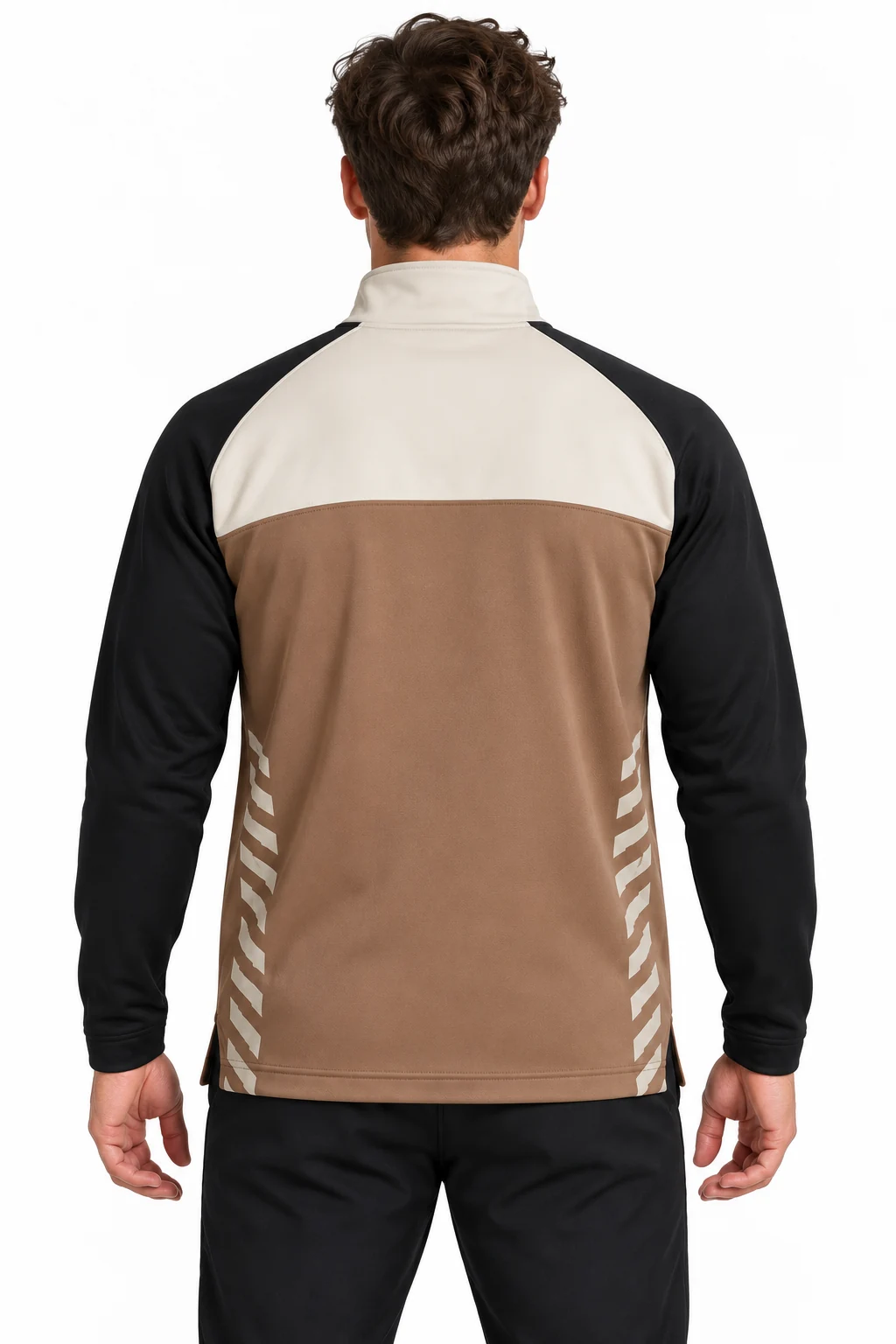 Rugby Quarrygate Zip Drill Top back design visualization of clay body, black sleeves, pale stone chest yoke and collar