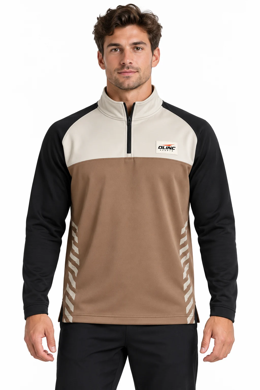 Rugby Quarrygate Zip Drill Top front design visualization of clay body, black sleeves, pale stone chest yoke and collar