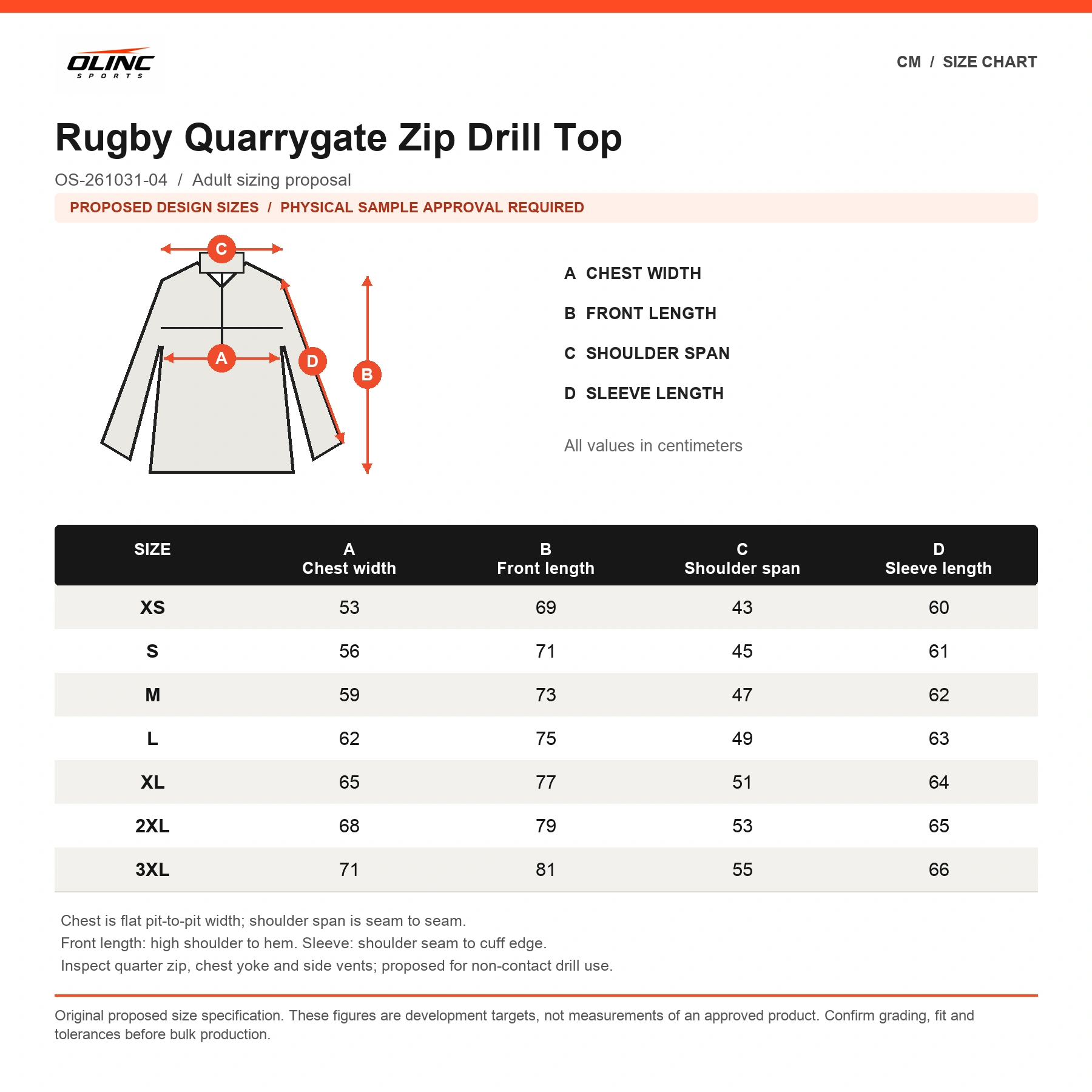 Rugby Quarrygate Zip Drill Top original proposed numeric size chart in centimeters with technical illustration and sample approval note
