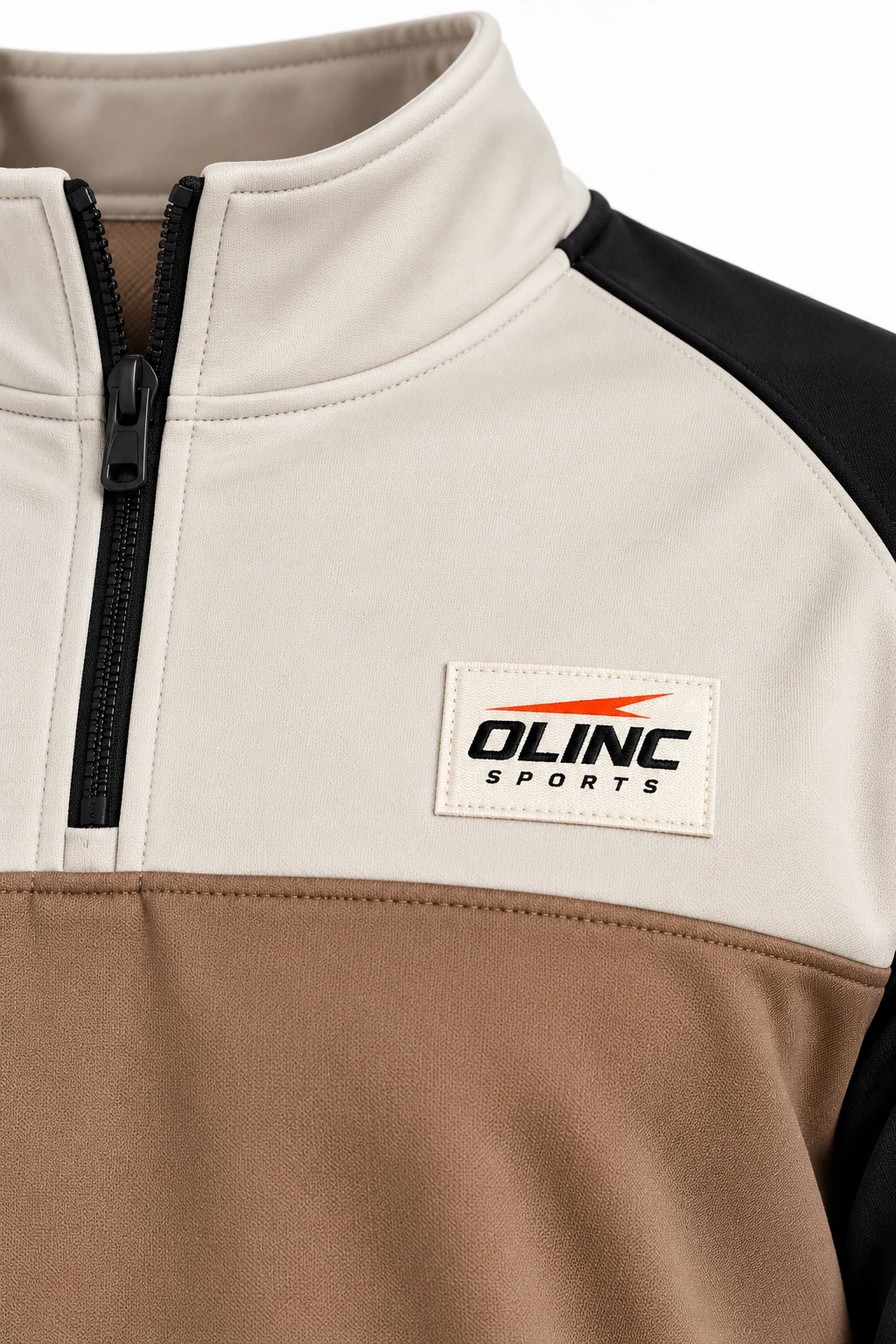 Rugby Quarrygate Zip Drill Top zoom design visualization of clay body, black sleeves, pale stone chest yoke and collar