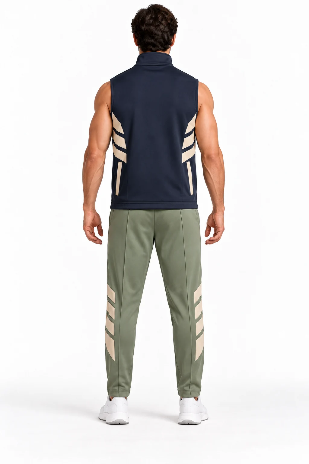 Tracksuit Portico Vest Set back design visualization of deep ink vest, muted sage trousers and sand side inserts