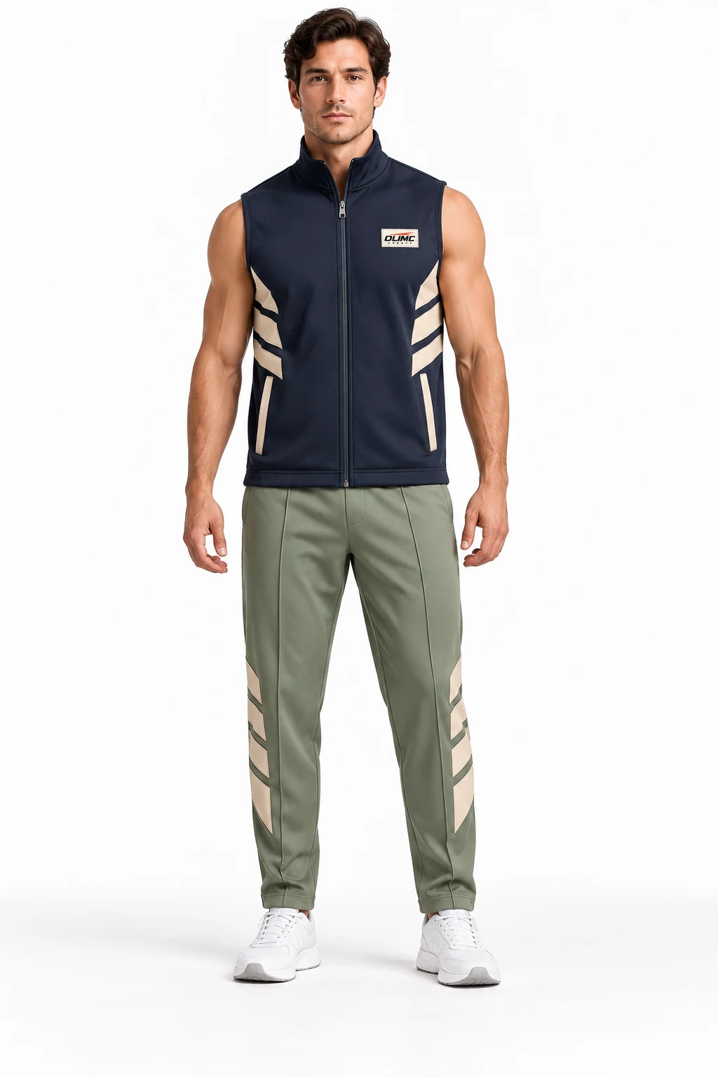 Tracksuit Portico Vest Set front design visualization of deep ink vest, muted sage trousers and sand side inserts