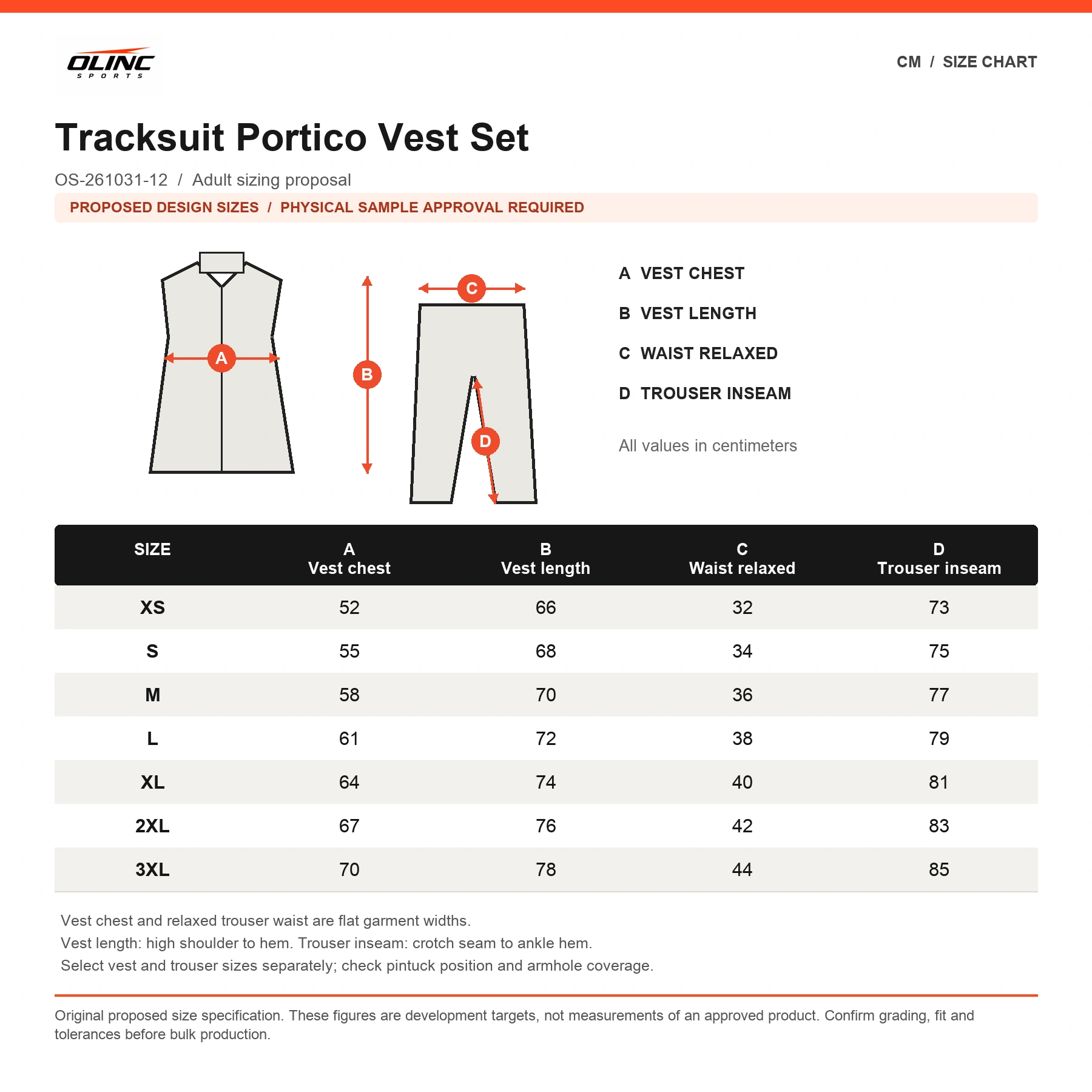 Tracksuit Portico Vest Set original proposed numeric size chart in centimeters with technical illustration and sample approval note