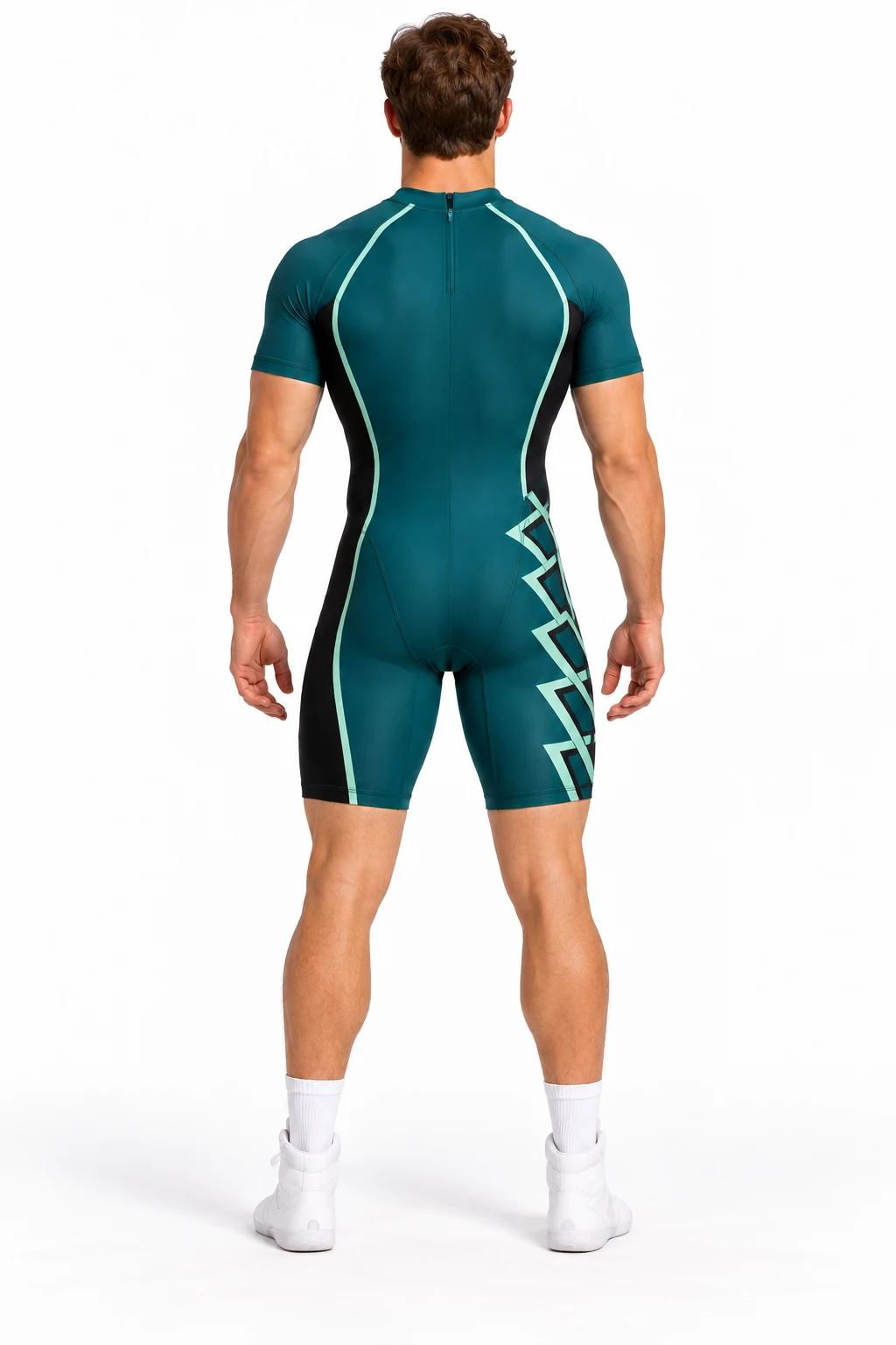 Wrestling Grapnel Training Unitard back design visualization of deep teal body, black side panels and pale mint piping