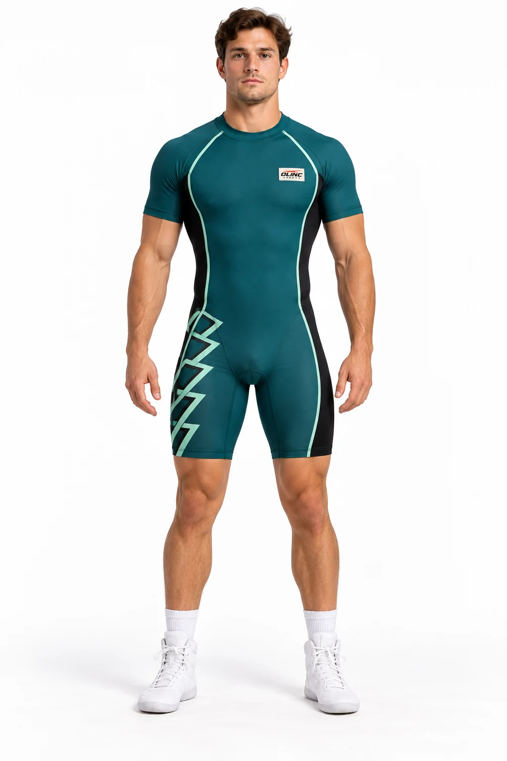 Wrestling Grapnel Training Unitard front design visualization of deep teal body, black side panels and pale mint piping