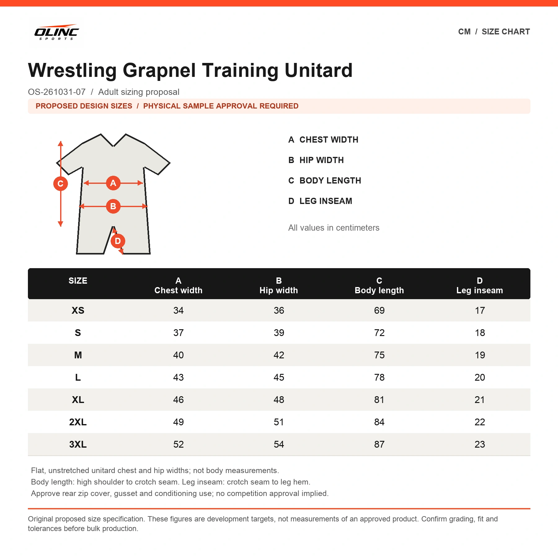 Wrestling Grapnel Training Unitard original proposed numeric size chart in centimeters with technical illustration and sample approval note