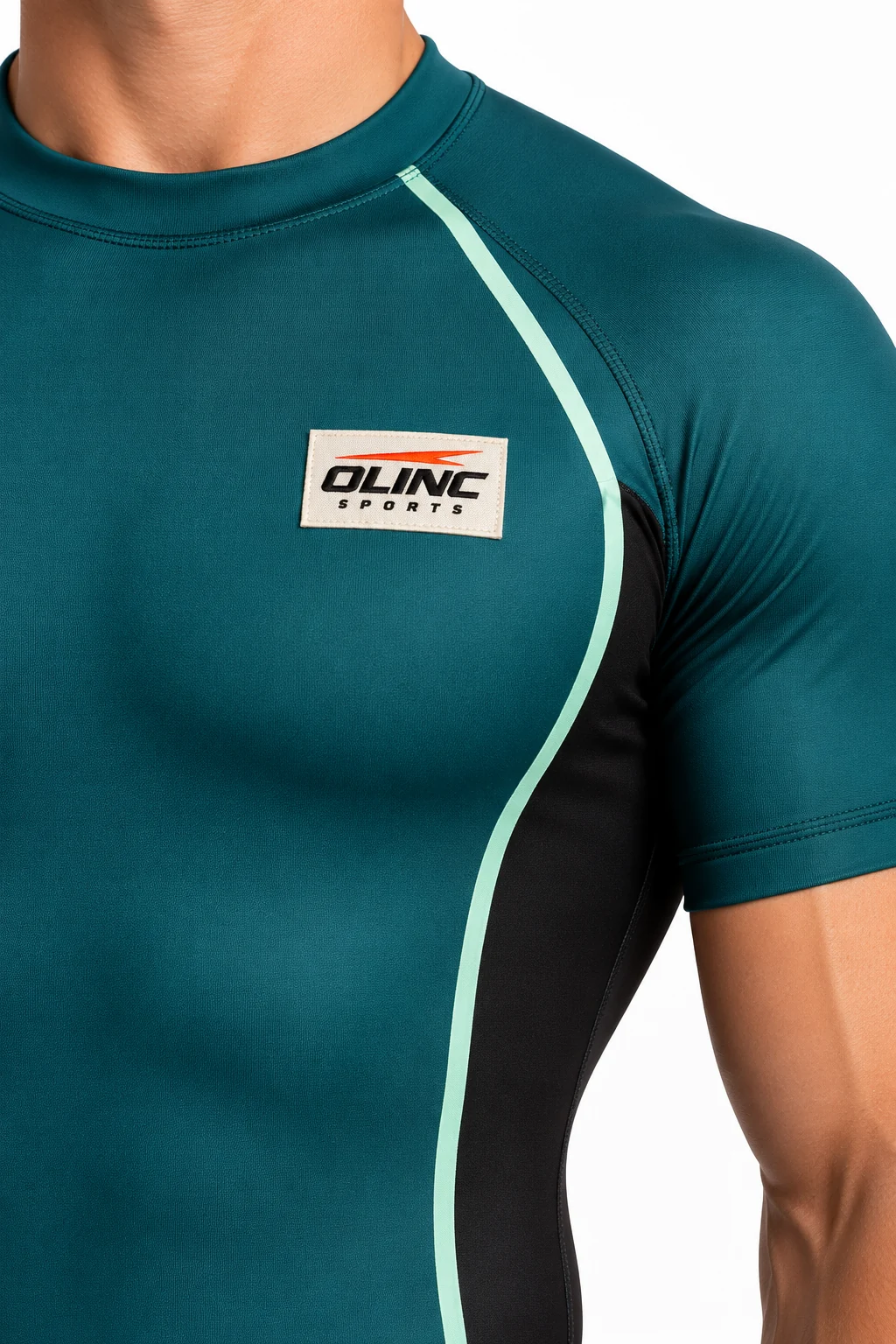 Wrestling Grapnel Training Unitard zoom design visualization of deep teal body, black side panels and pale mint piping