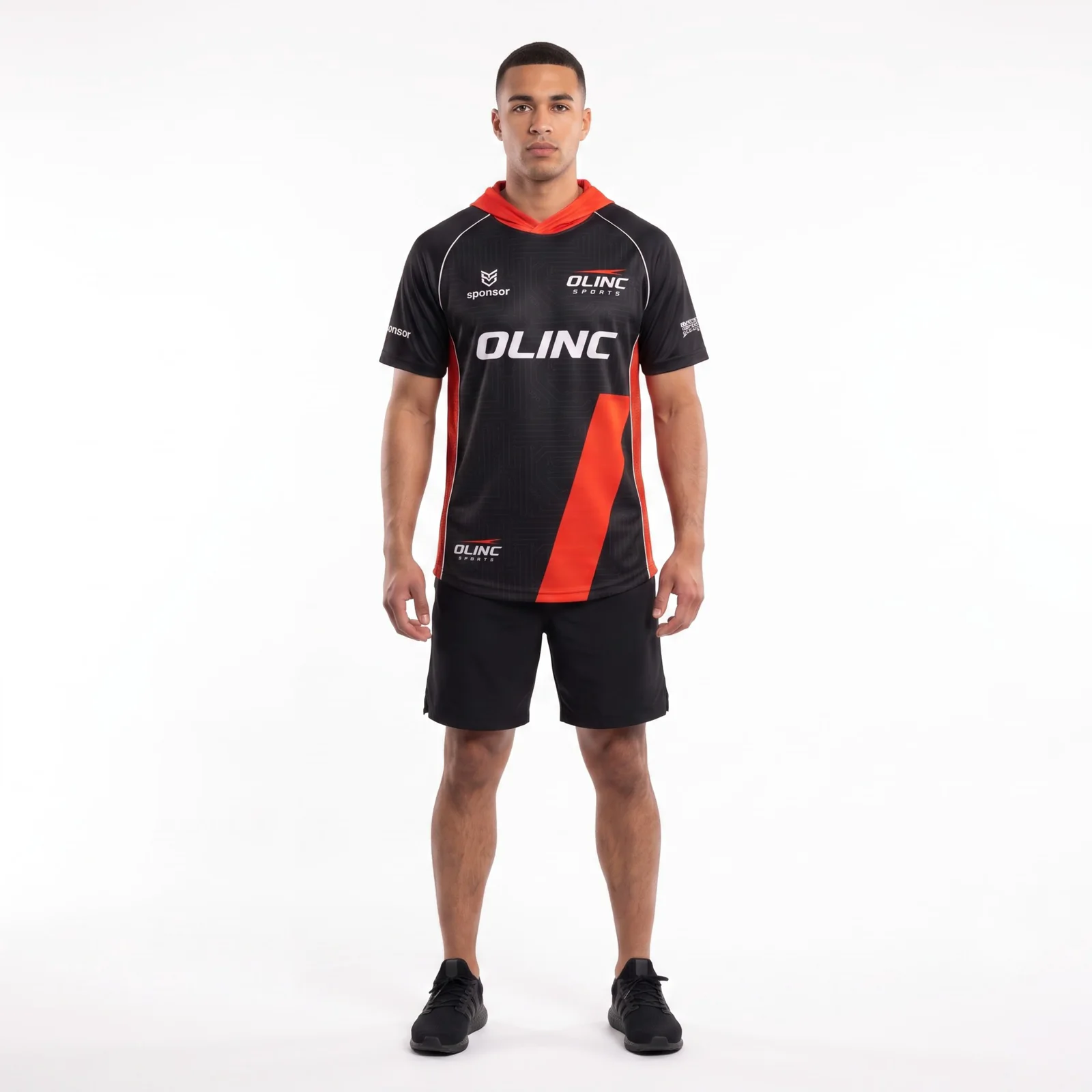 Front view of the black and red Olinc Sports 150 GSM esports tournament jersey with hood-style collar