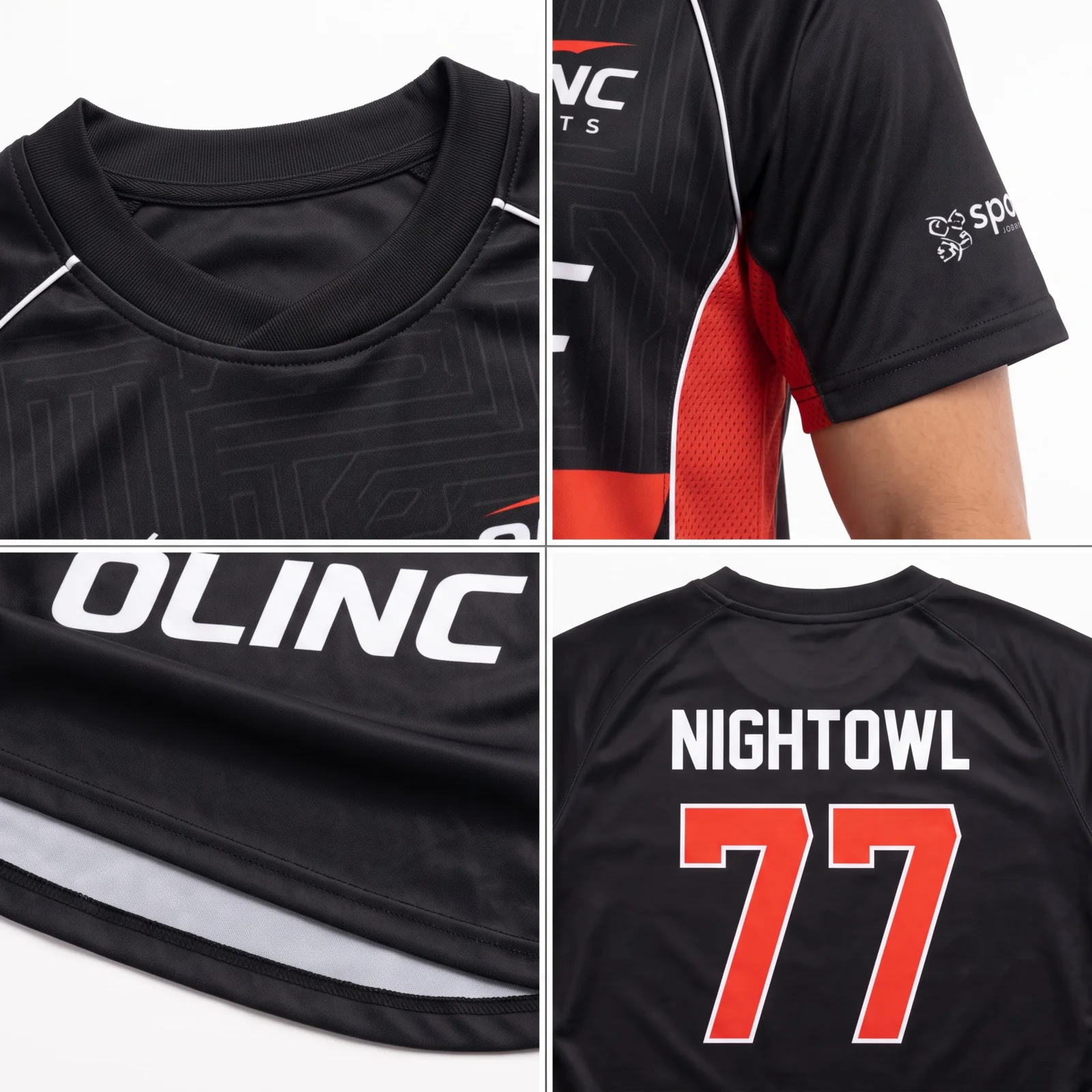 Close-up views of the jersey neckline, mesh ventilation, flatlock seams, sublimated graphics, and player ID